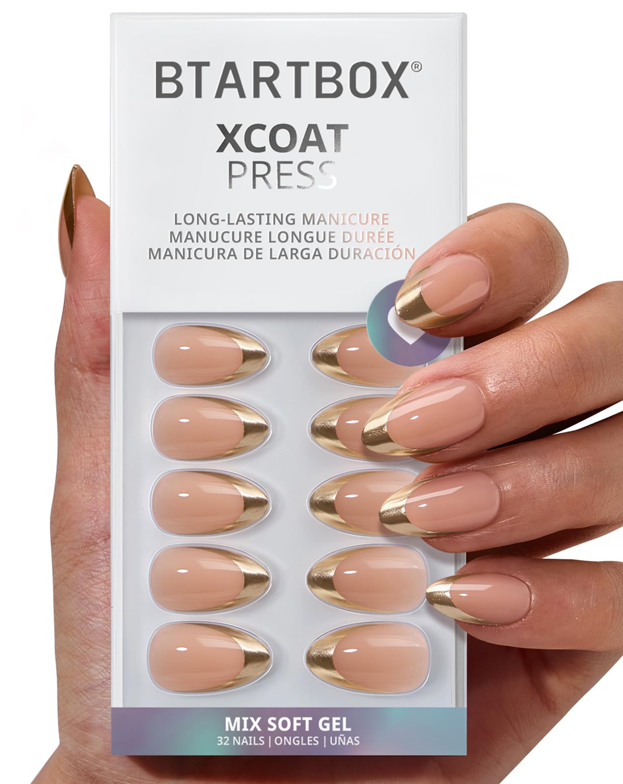 BTArtbox Uñas postizas cortas con punta francesa dorada para aspecto natural