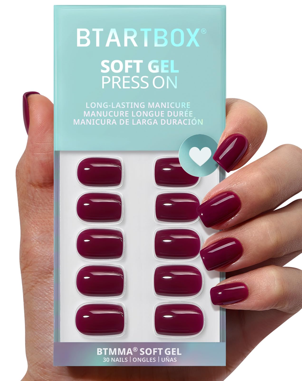 BTArtbox Uñas postizas cortas plum rojo squoval, aplicación rápida y elegante.