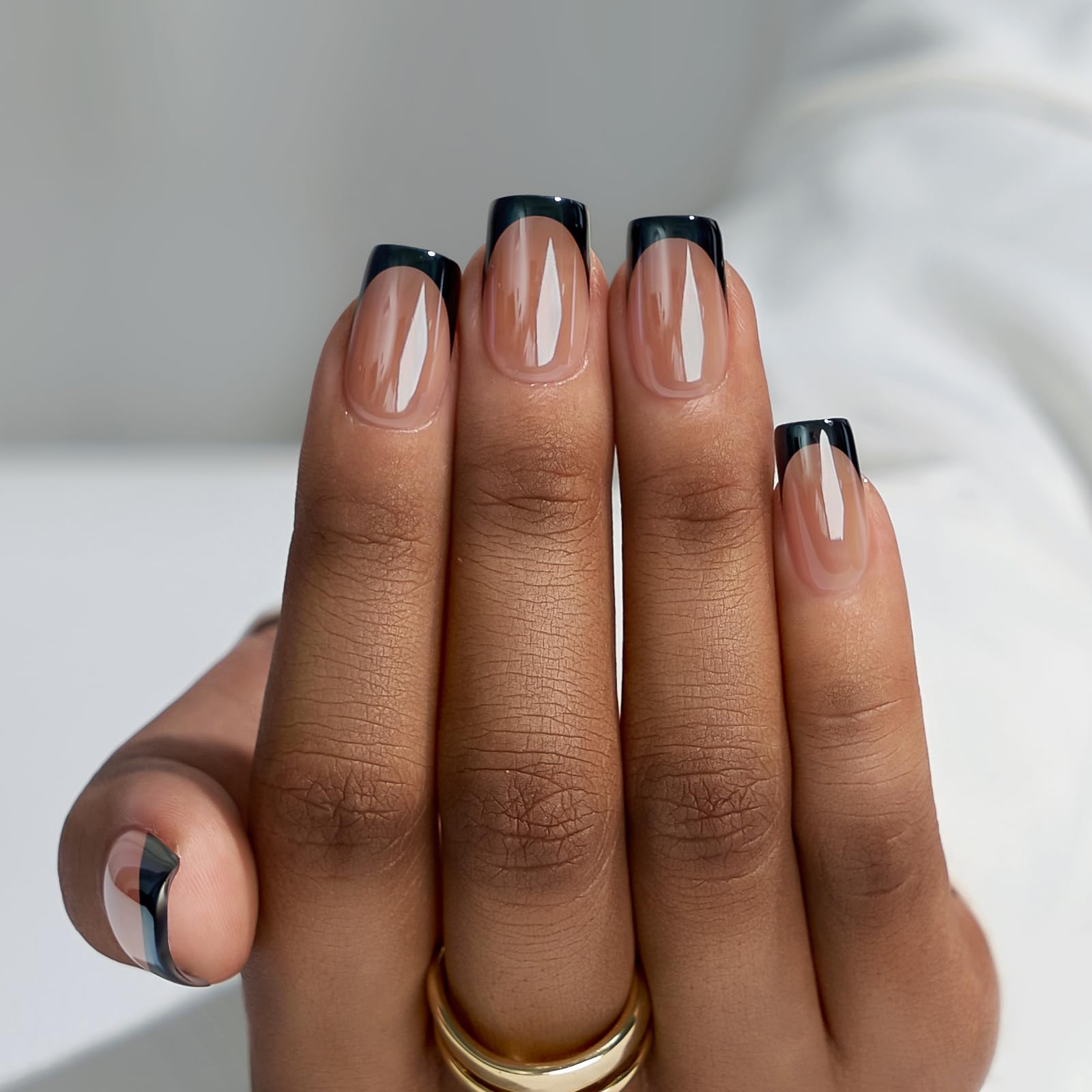 BTArtbox uñas postizas corto cuadrado Frances negro cromo, acabado elegante.
