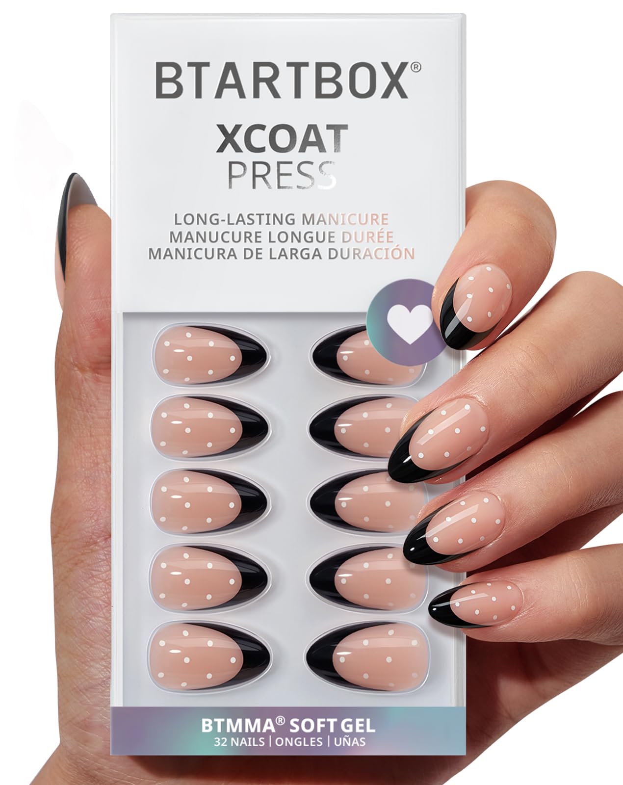 BTArtbox Unas postizas corto diseño puntos almendra negro Frances para un look elegante.
