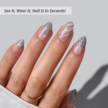 BTArtbox Uñas Prensadas Sparkle Bow, mano con uñas en forma almendra para estilo diario.