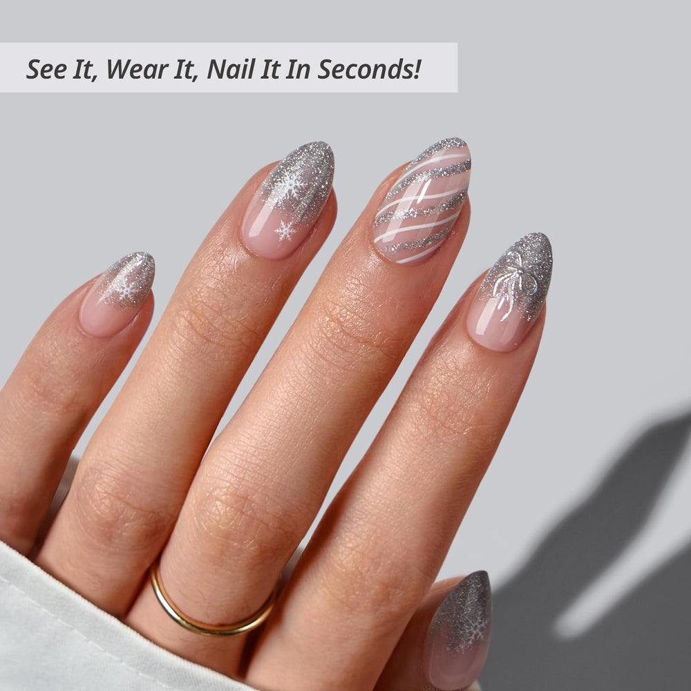 BTArtbox Uñas Prensadas Sparkle Bow, mano con uñas en forma almendra para estilo diario.