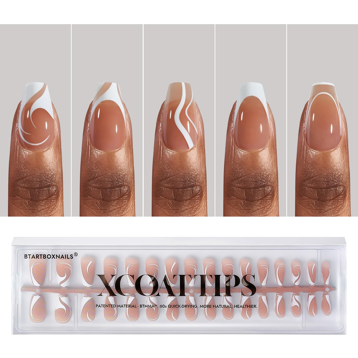 BTArtbox XCOATTIPS: diseño francés swirl para uñas elegantes y rápidas.