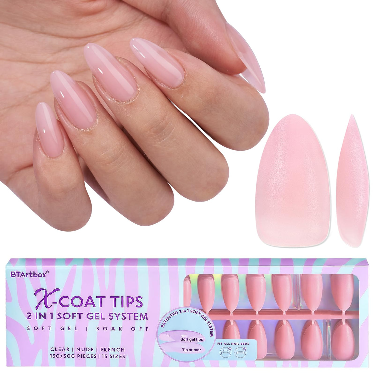 BTArtbox XCOATTIPS: puntas de uñas mate en tono almendra mediana para apariencia natural.