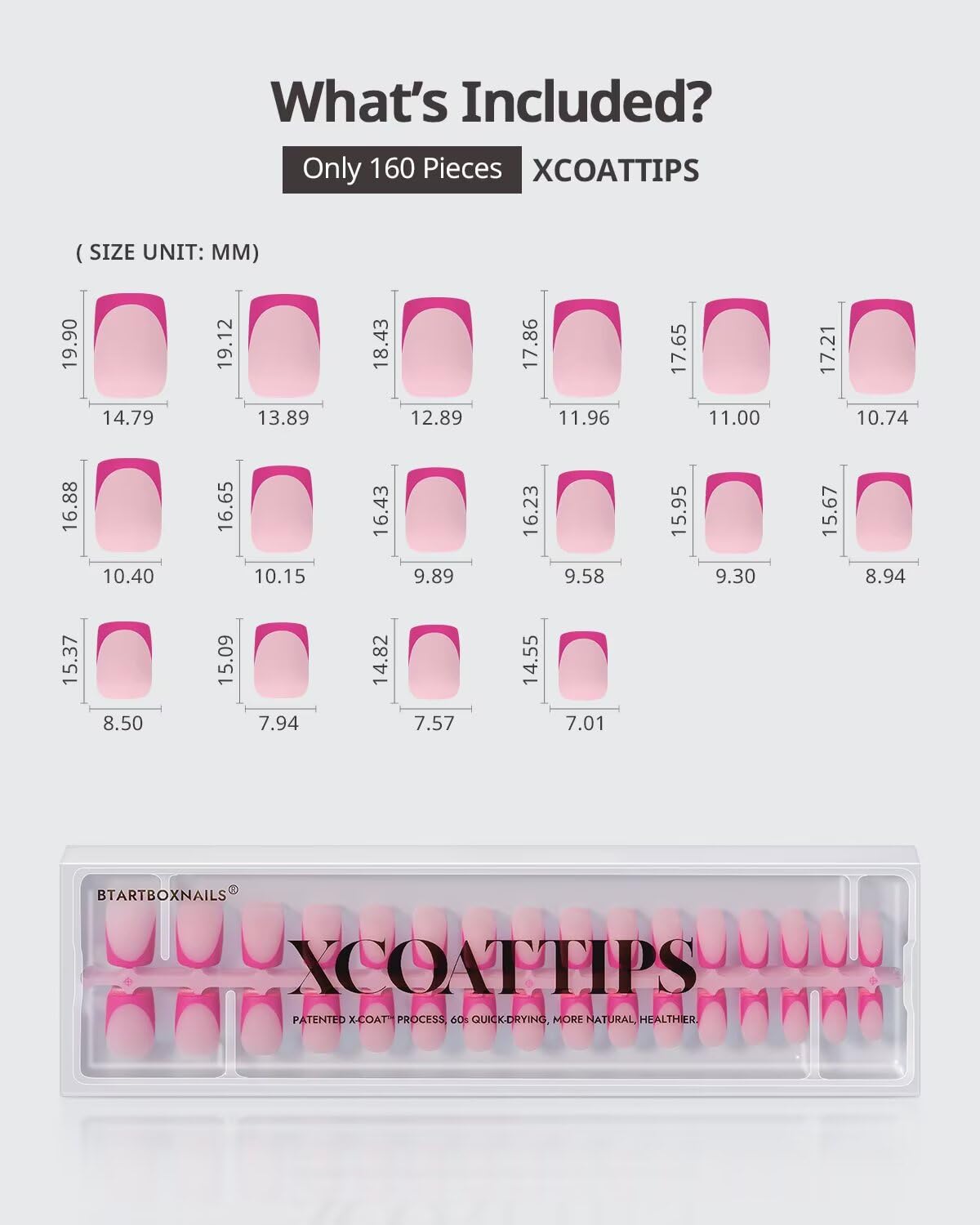 BTArtboxnails Presentación de 160 piezas en tallas múltiples