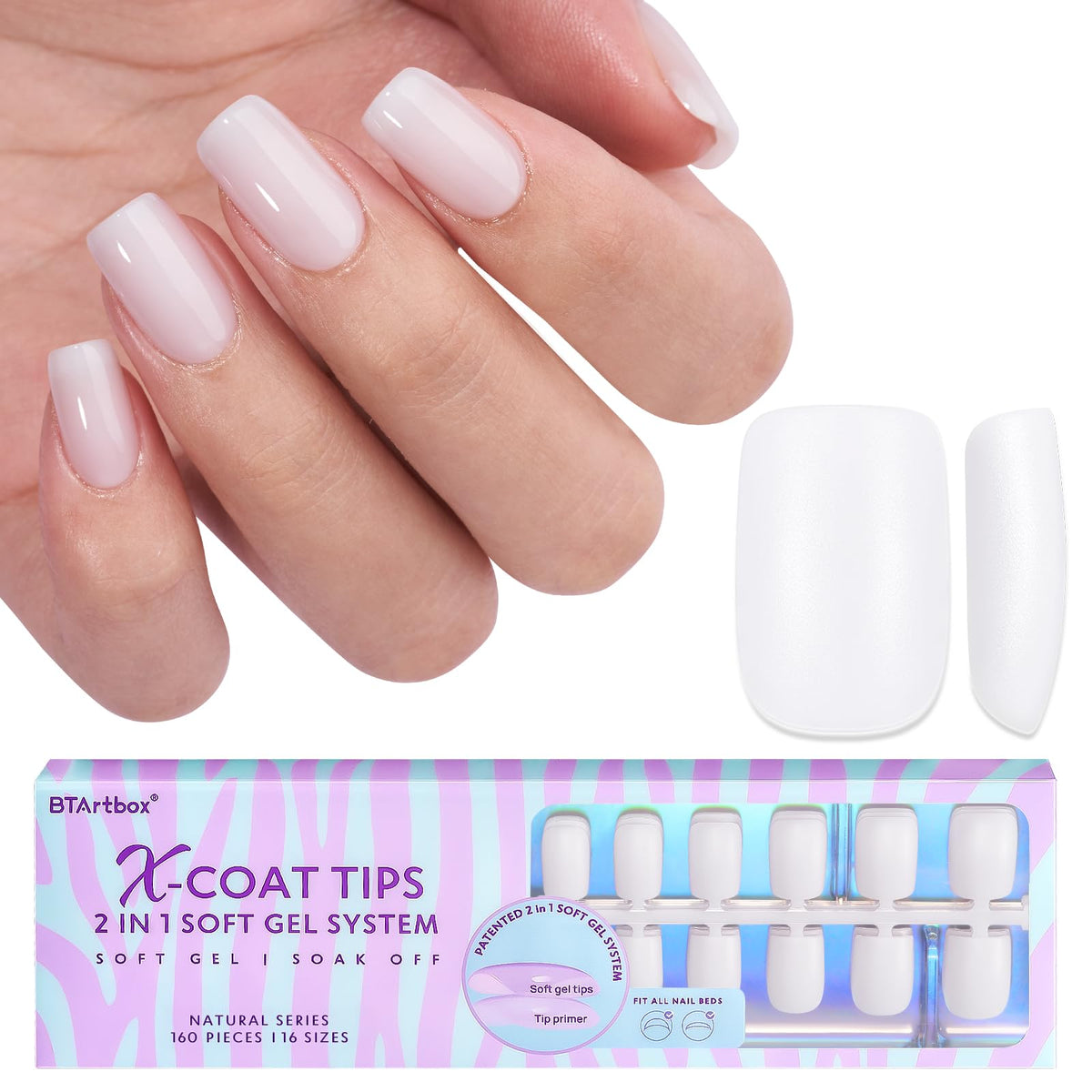 BTArtboxnails puntas de gel Blanco Lechoso, acabado suave para una aplicación natural.