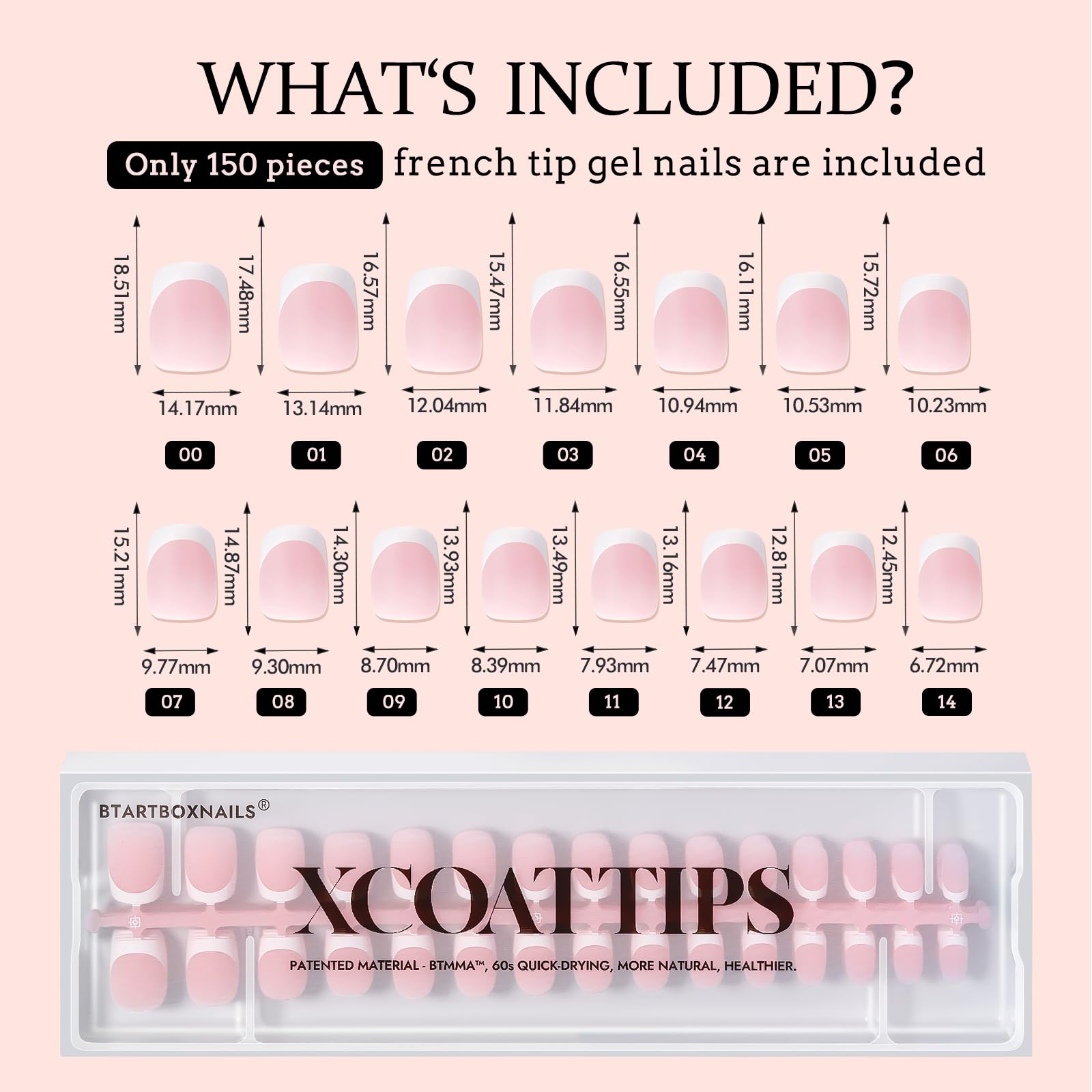 BTArtboxnails XCOATTIPS: uñas francesas rosa para cuidado diario, fáciles de usar.