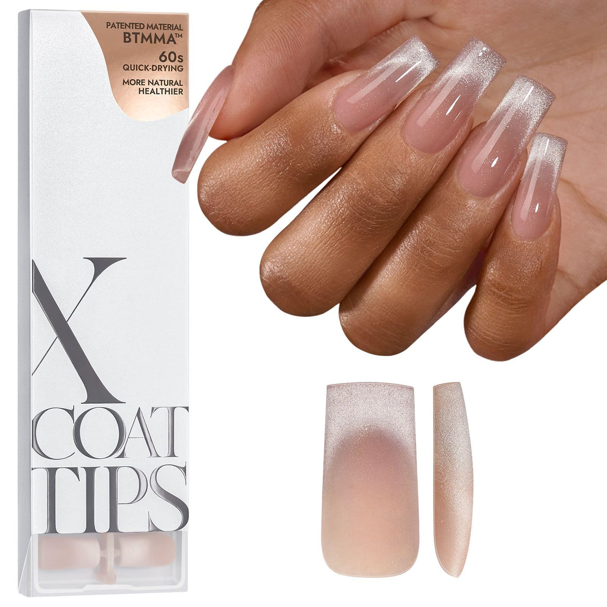 BTArtboxnails XCOATTIPS, punta francesa ojo de gato en uña cuadrada larga, estilo elegante.