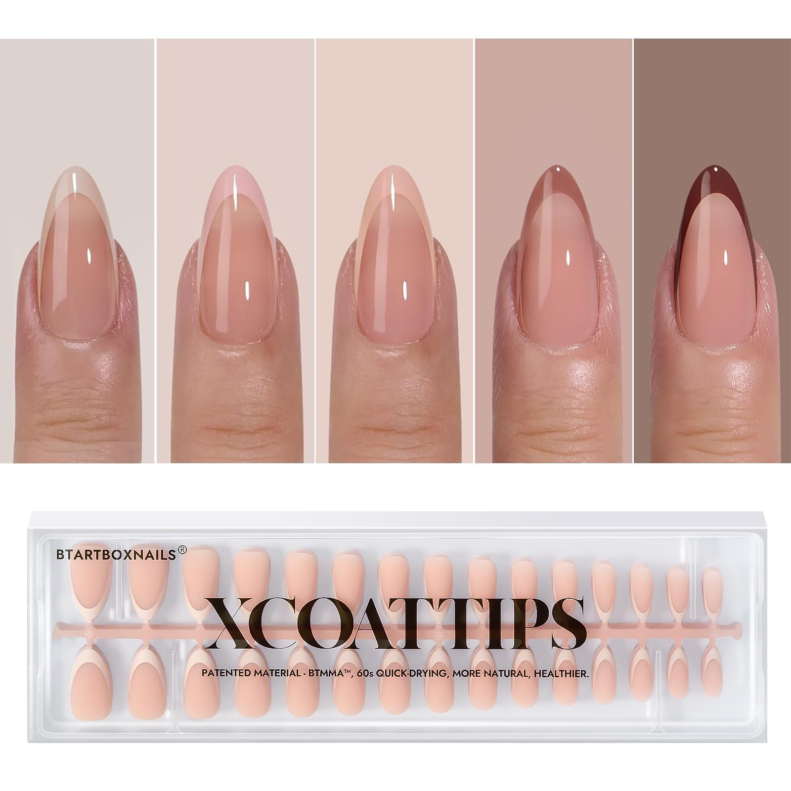 BTArtboxnails XCOATTIPS con punta francesa en almendra mediana para tono de piel clara