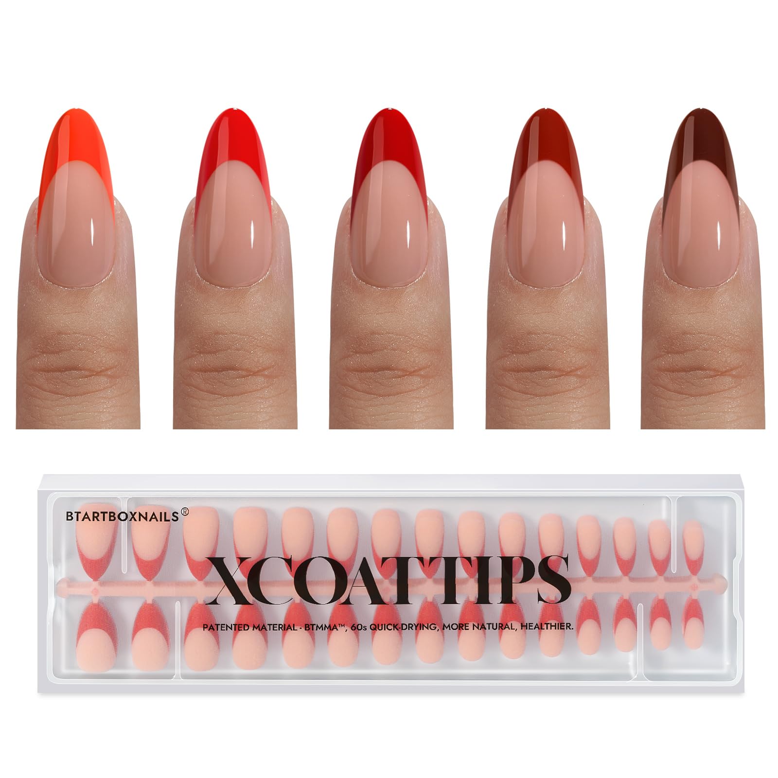 BTArtboxnails XCOATTIPS rouge French tip amande pour une manucure nette.