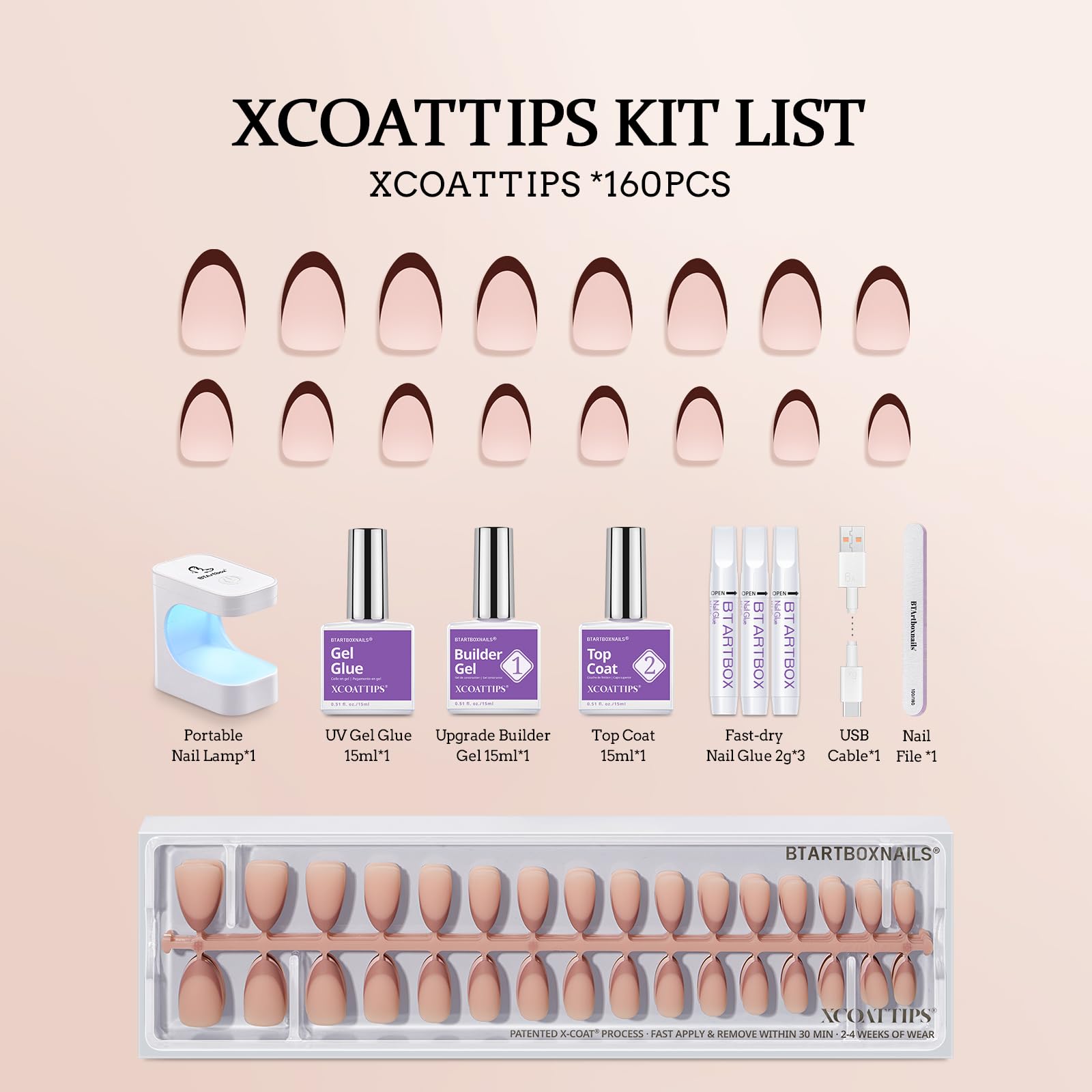 BTArtboxnails XCOATTIPS set de 160 puntas para cobertura y ajuste precisos