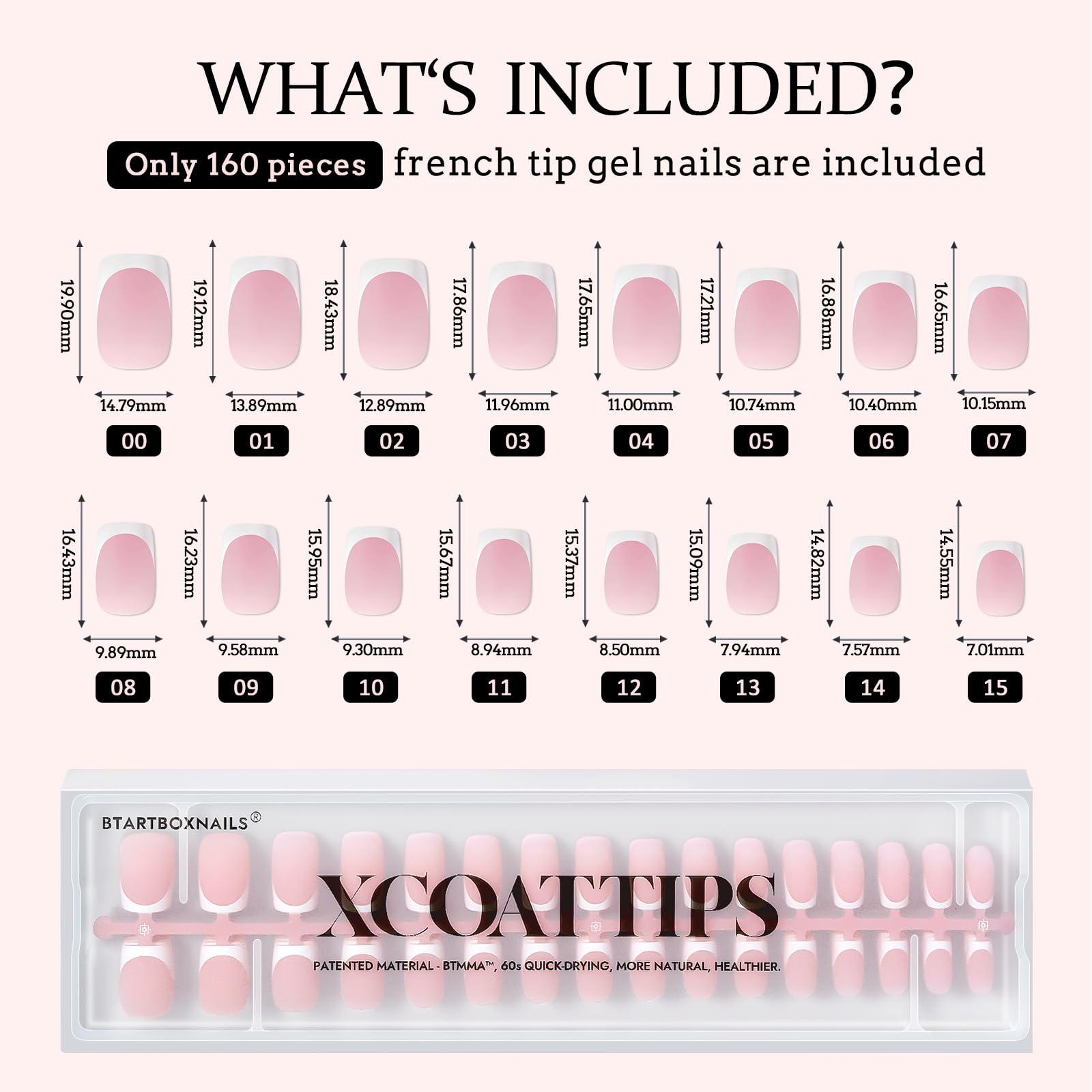 BTArtboxnails XCOATTIPS, 16 tallas para ajuste preciso