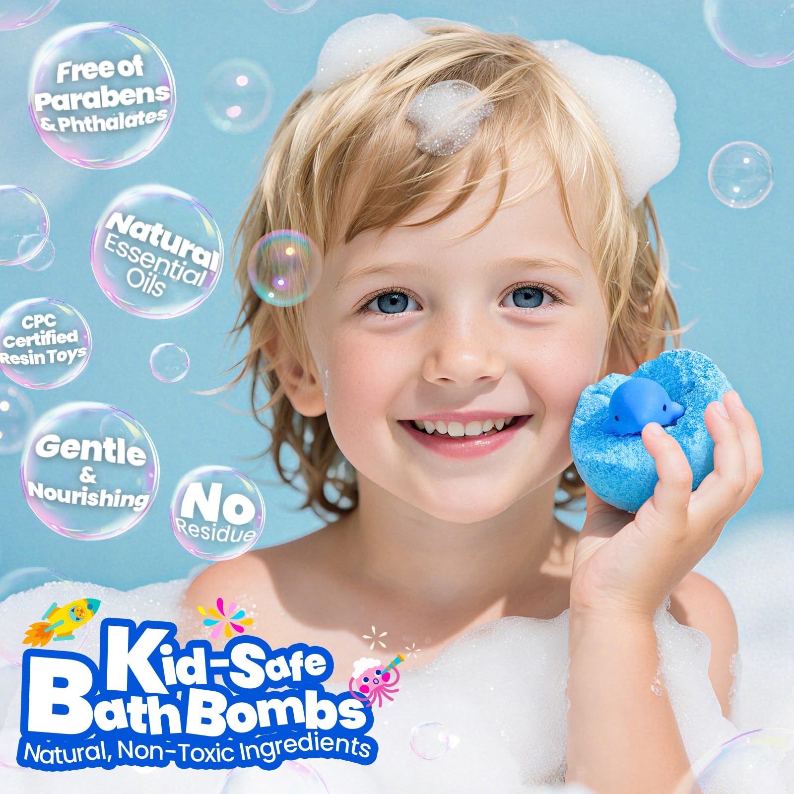 BubbleTail bomba de baño segura para la piel, con colores suaves para el baño infantil.