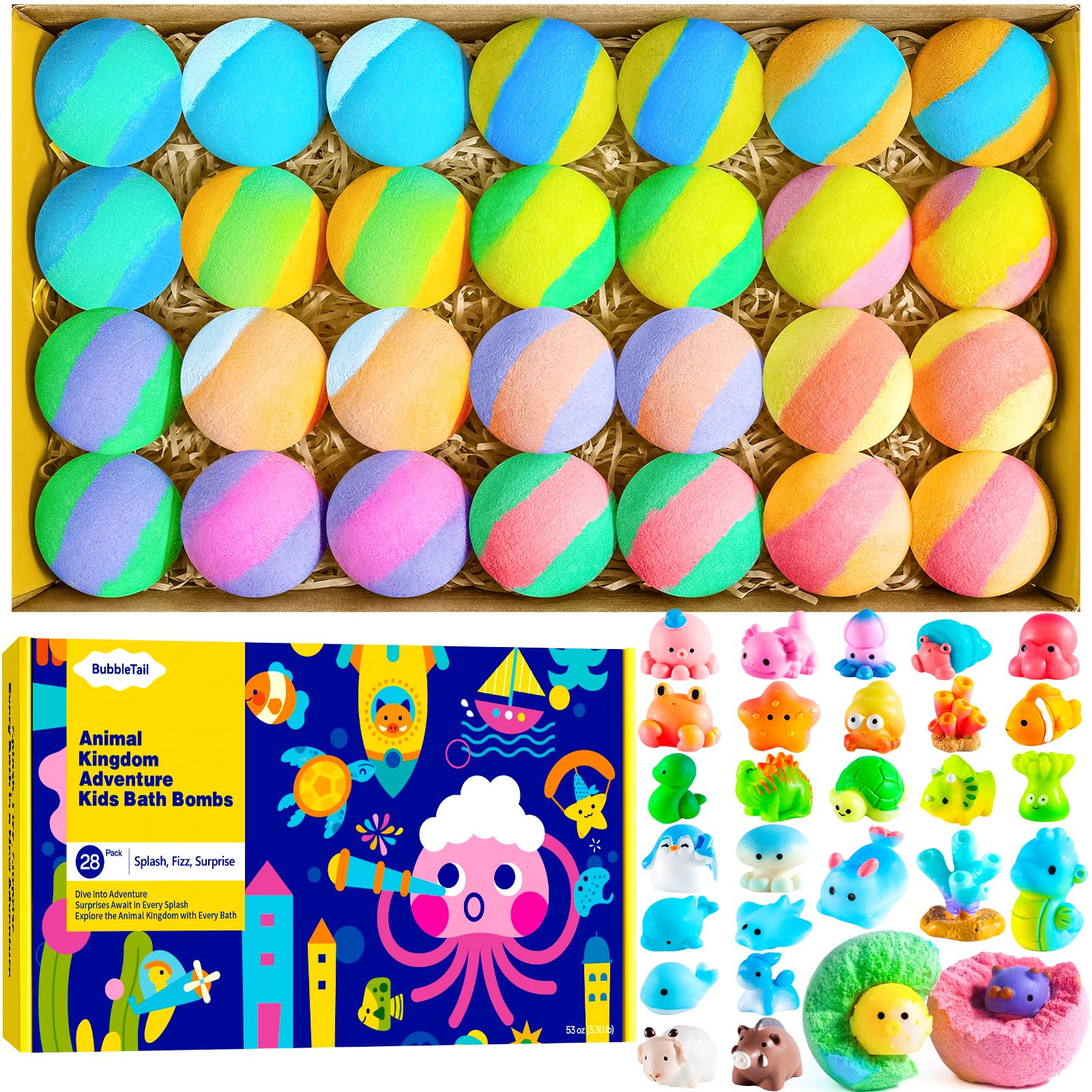 BubbleTail bomba de baño con sorpresa de animales terrestres y marinos para juego imaginativo.
