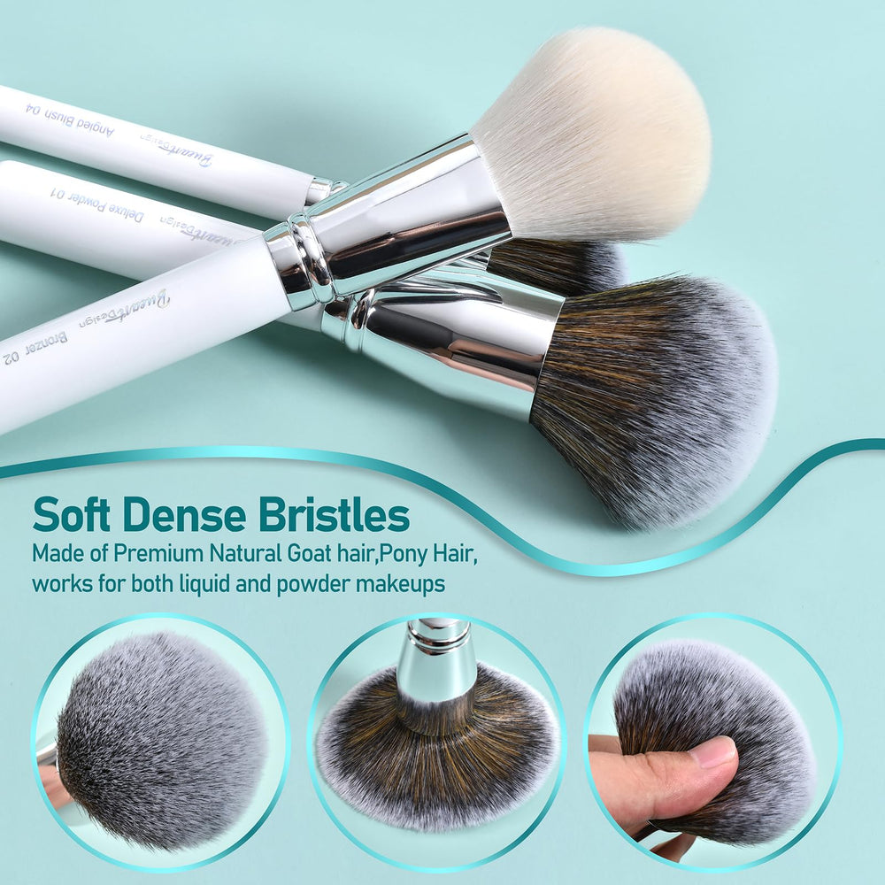 Aplicación precisa de base y sombras con pinceles Bueart Design.