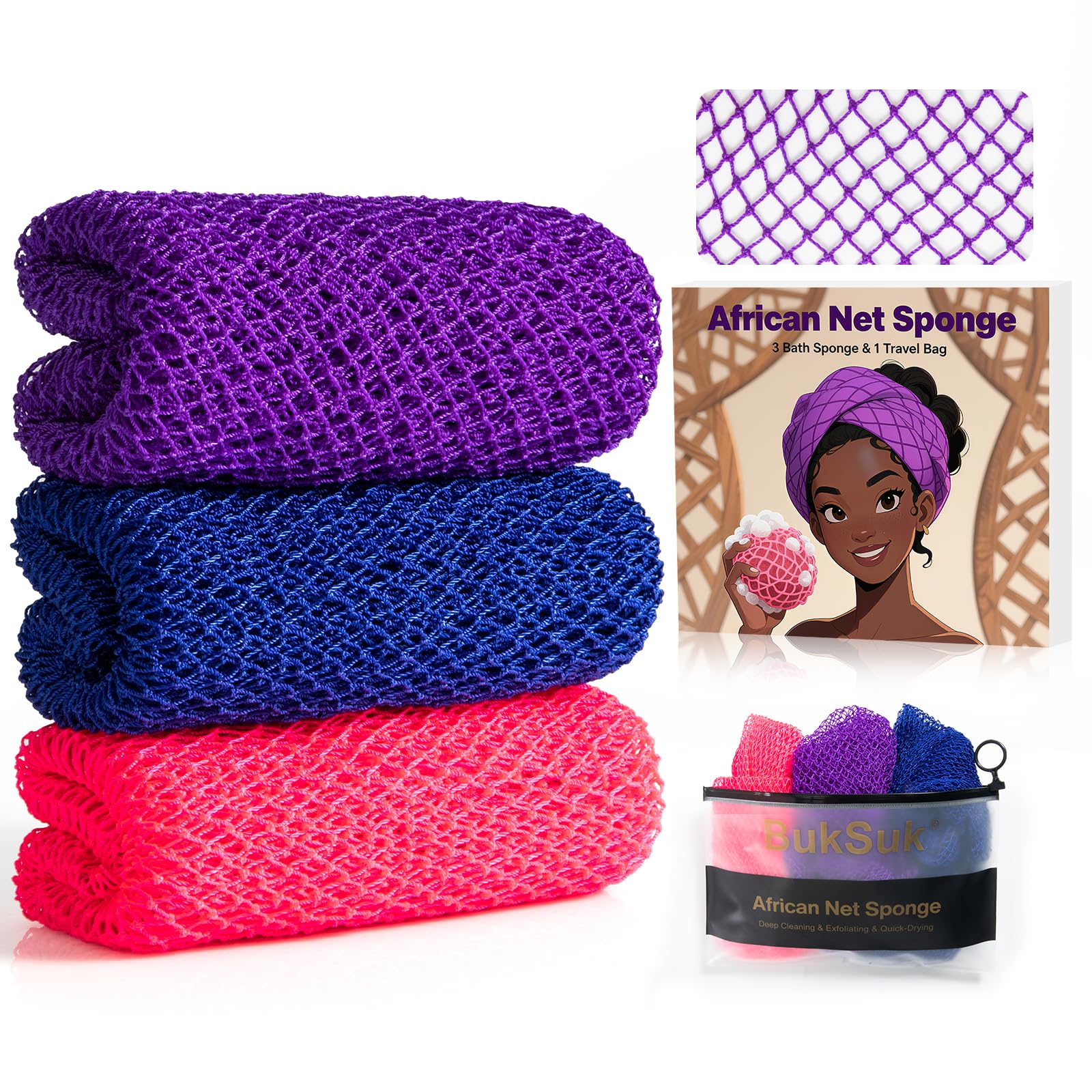 BukSuk esponja de red africana, set de 3 para exfoliación suave.