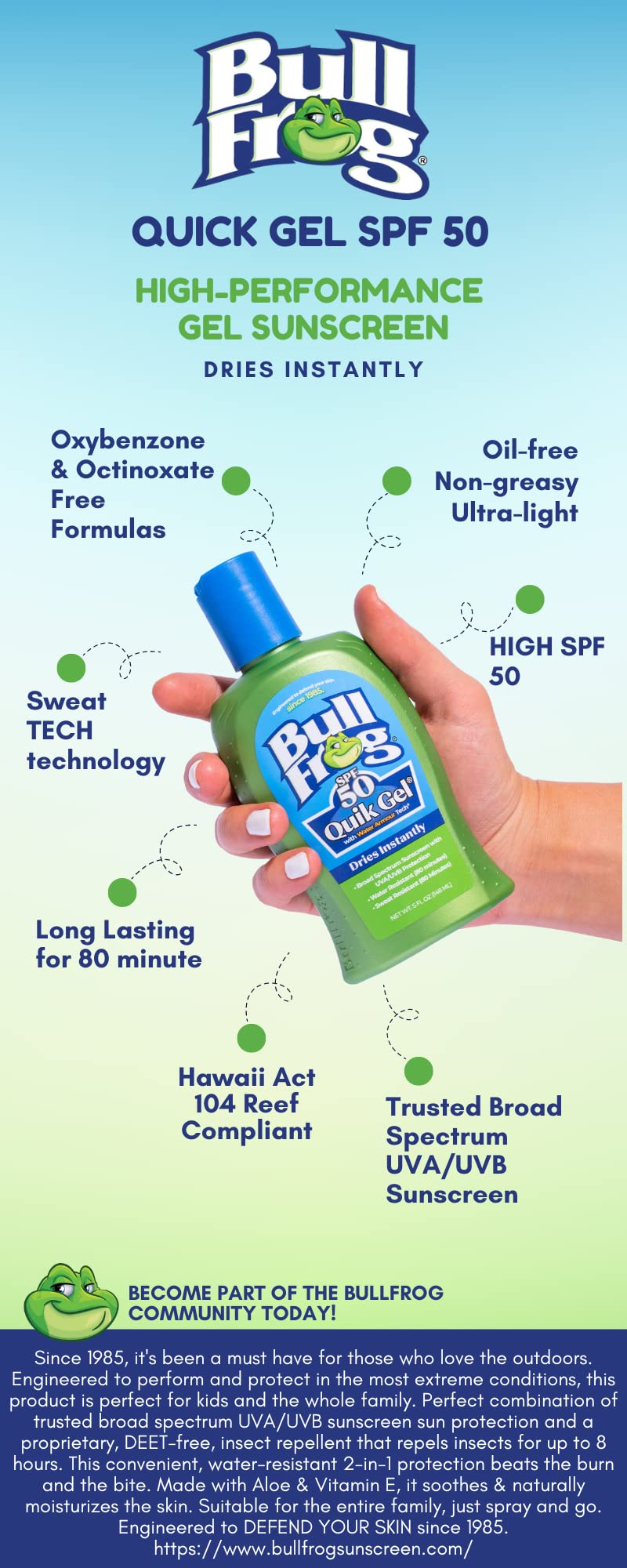 Bullfrog Quik Gel resistente al sudor y al agua hasta 80 minutos