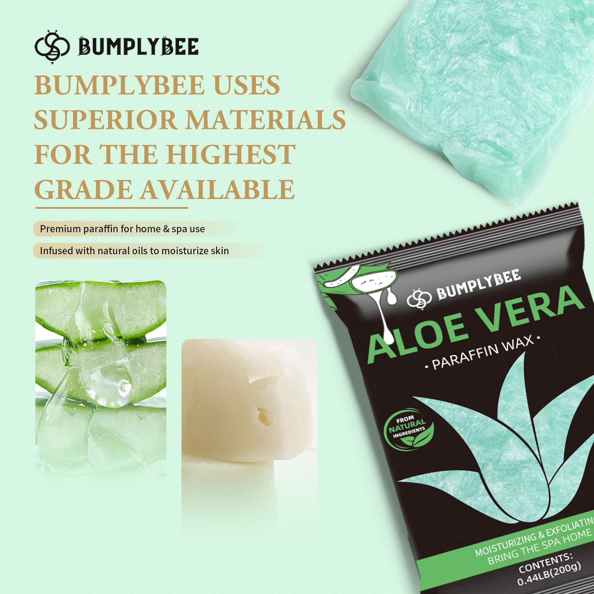 BUMPLYBEE recargas Aloe Vera para uso continuo, manteniendo la hidratación en cada sesión de parafina.