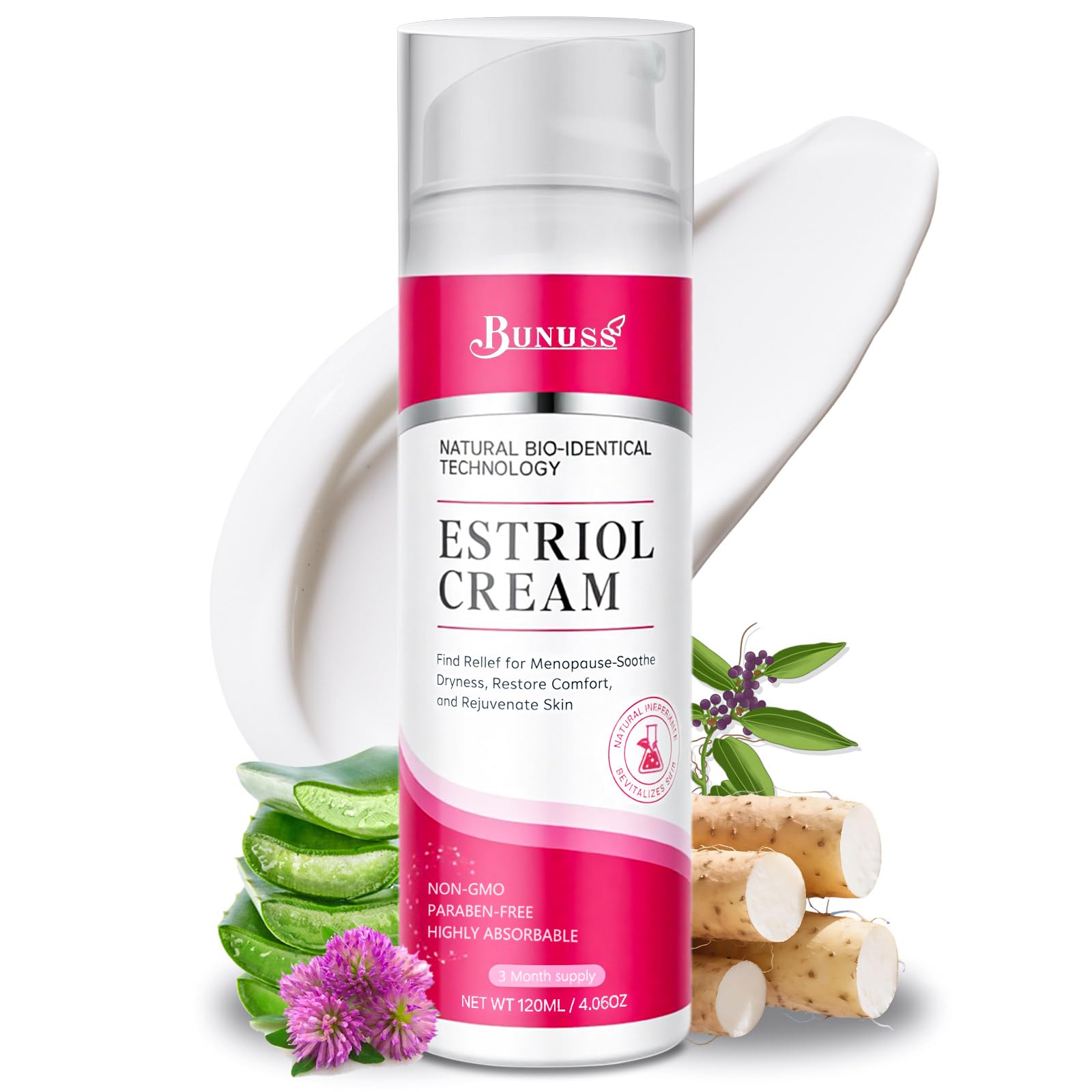 BUNUSS Crema Estriol, envase dispensador, hidratación suave y práctica.