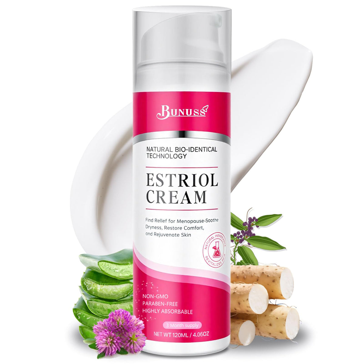 BUNUSS Crema Estriol, envase dispensador, hidratación suave y práctica.