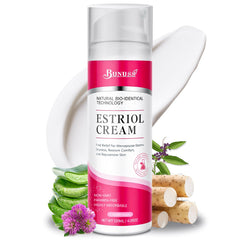 BUNUSS Crema Estriol, envase dispensador, hidratación suave y práctica.