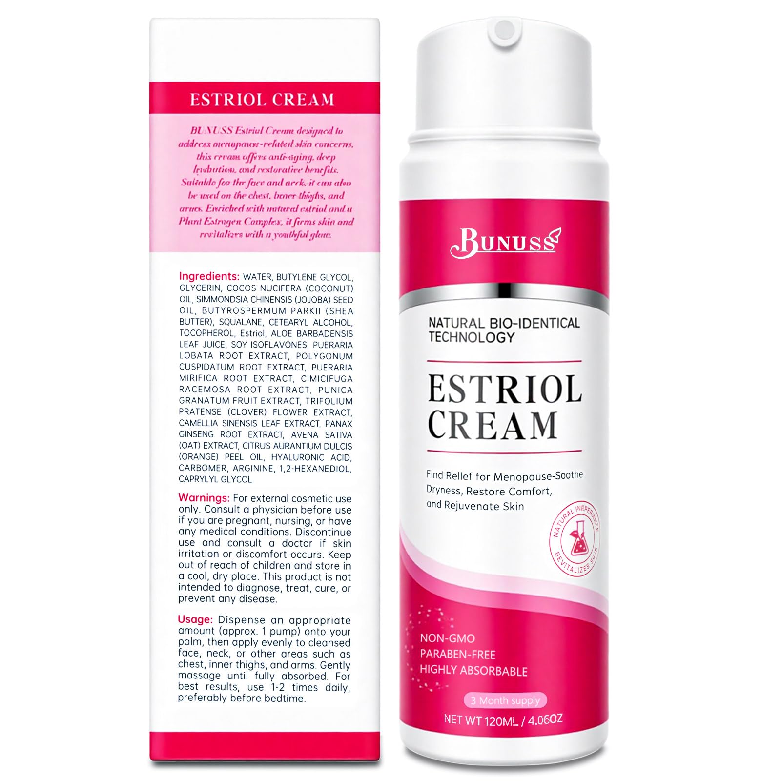 BUNUSS Crema Estriol, frasco de 120 ml con dosificador.