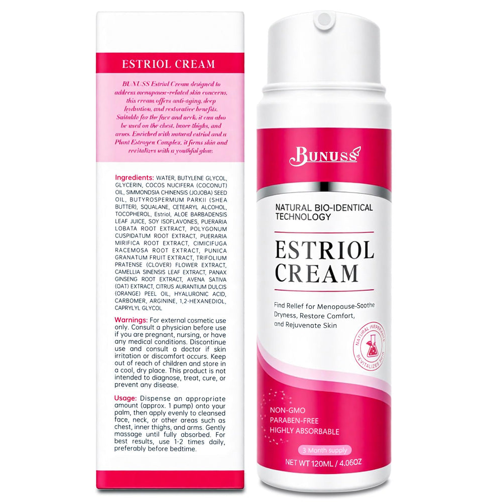 BUNUSS Crema Estriol, frasco de 120 ml con dosificador.