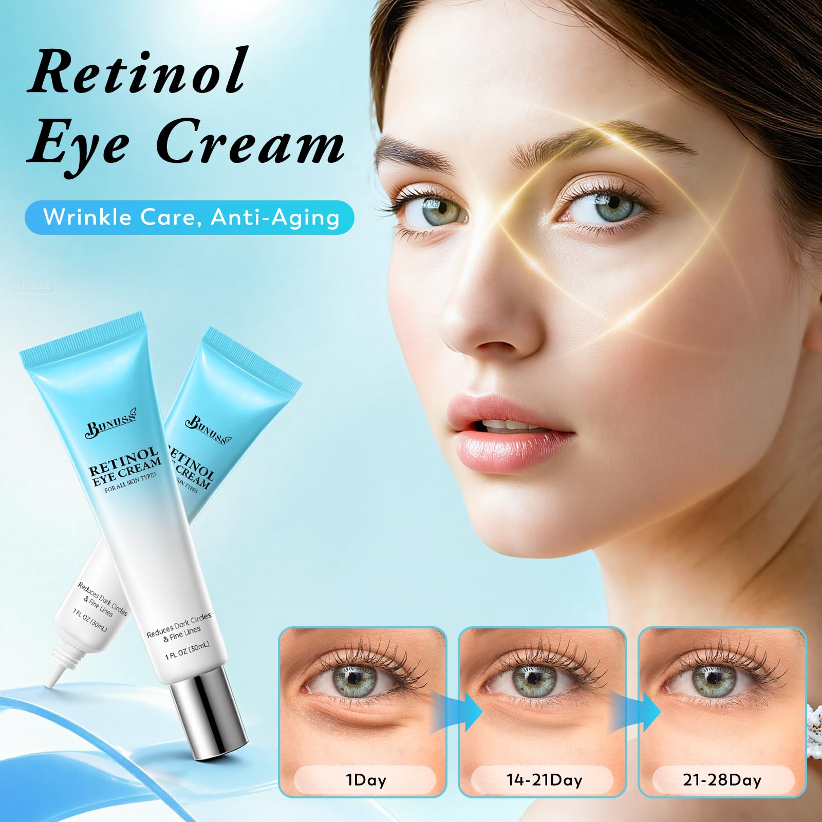 Crema ocular de BUNUSS, textura ligera, absorción rápida.