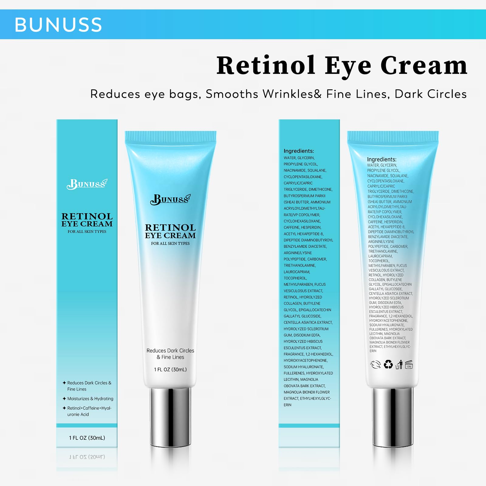 Empaque de 30 ml de la crema ocular BUNUSS.