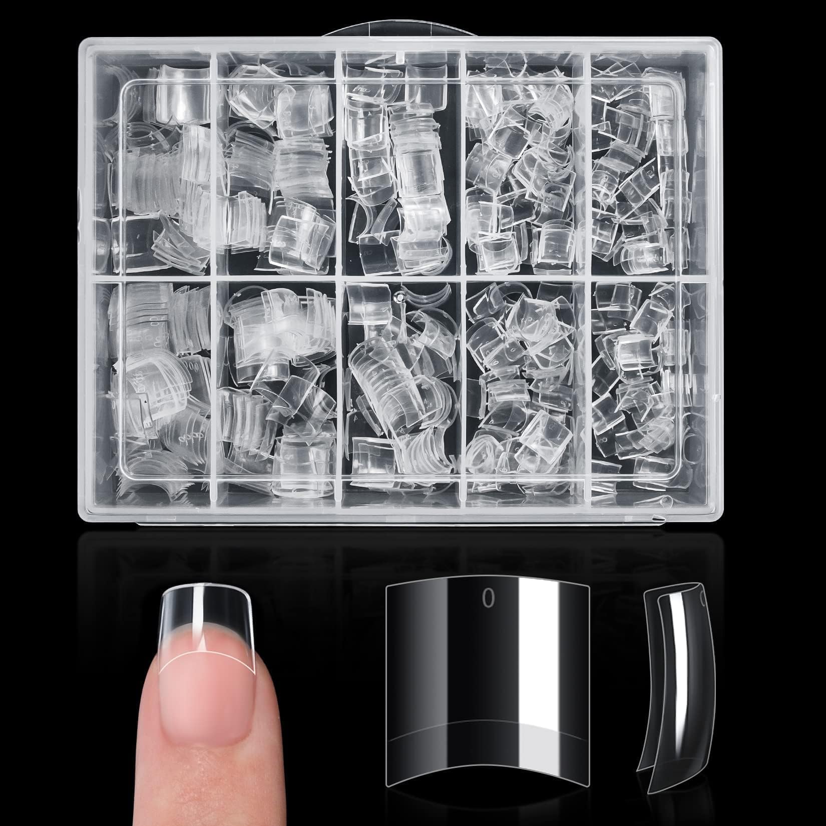 Buqikma puntas cortas transparentes en caja rosa, ideal para manicura rápida