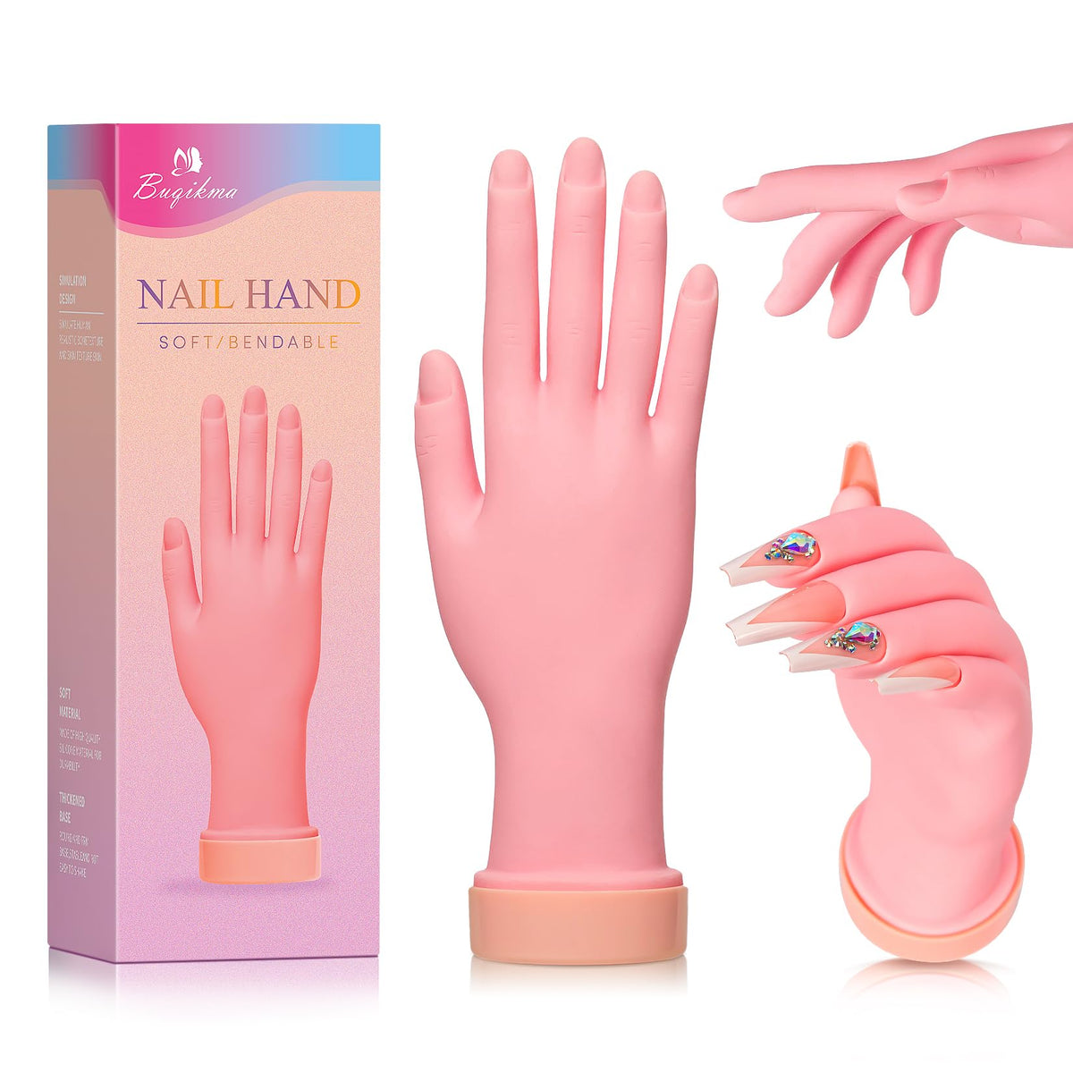 Mano de práctica Buqikma vista frontal, ideal para entrenamiento de diseño de uñas.