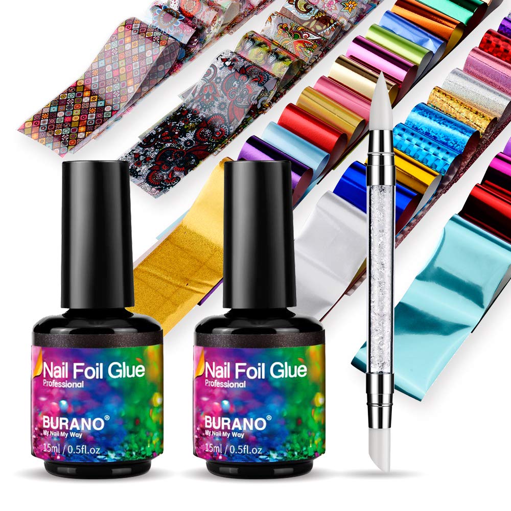 BURANO gel adhesivo para foil, dos frascos de 15 ml para uñas duraderas.