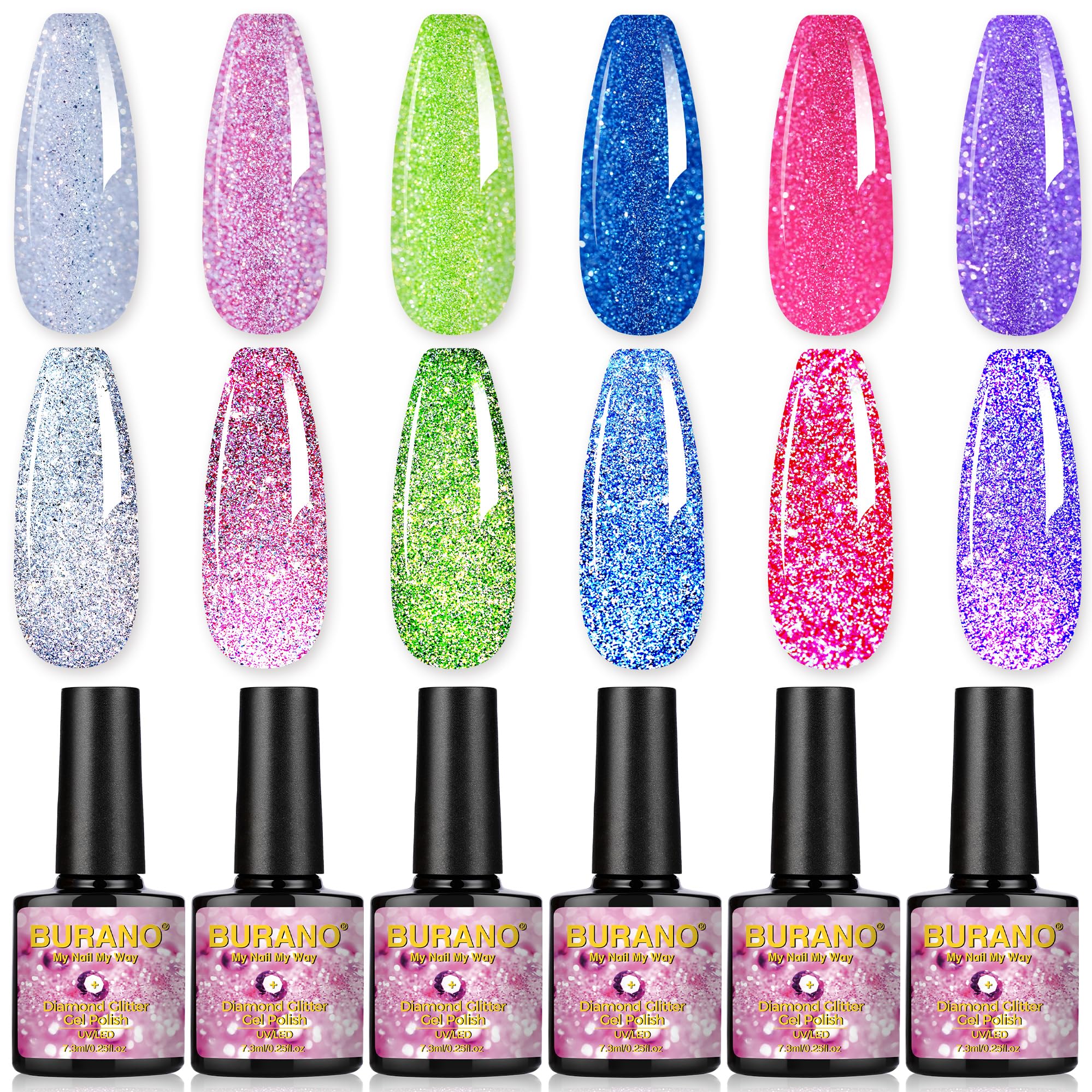 Gel reflectante Burano con brillo diamante en uña para uso diario.