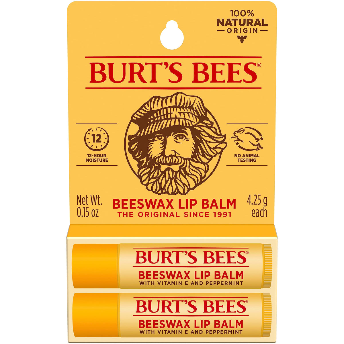 Burt's Bees Balsamo labial Original Beeswax en tubo, hidratación suave y natural.