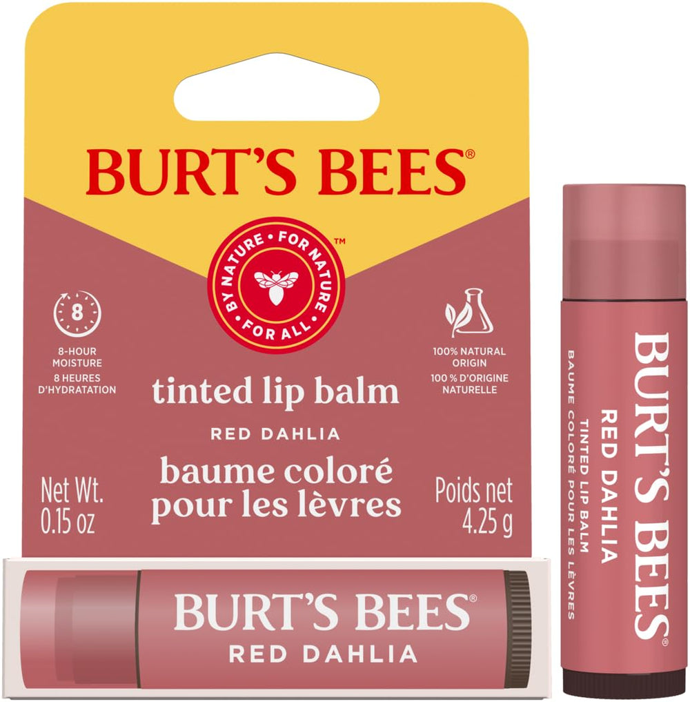 Nutre y suaviza los labios con Burt's Bees bálsamo labial tintado Red Dahlia, uso diario.