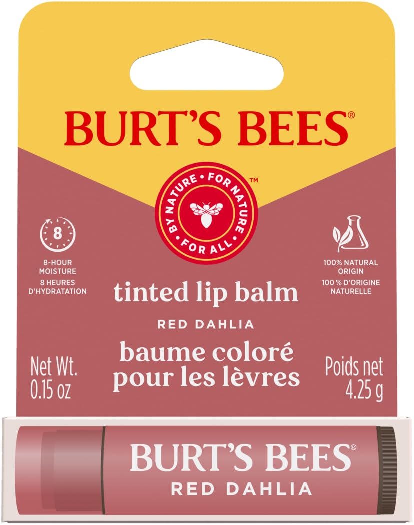 Burt's Bees bálsamo labial tintado Red Dahlia, envase reciclable para uso diario.