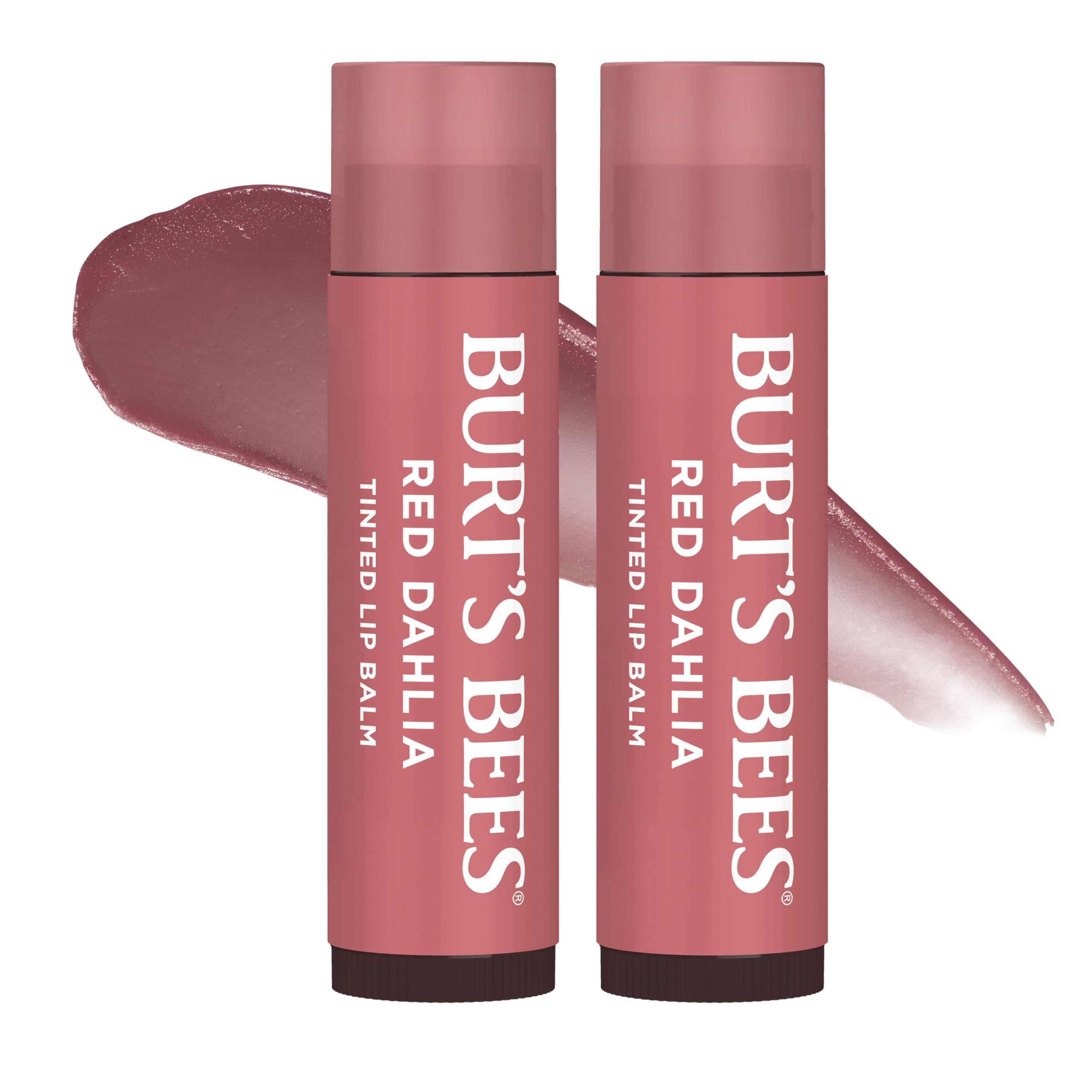 Burt's Bees bálsamo labial tintado Rojo Dahlia en empaque reciclable.