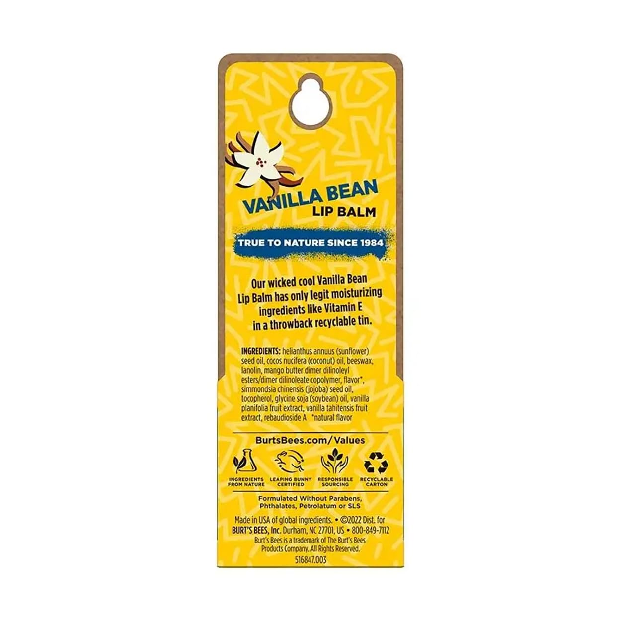 Burt's Bees bálsamo labial vainilla en lata, textura cremosa para suavizar labios.
