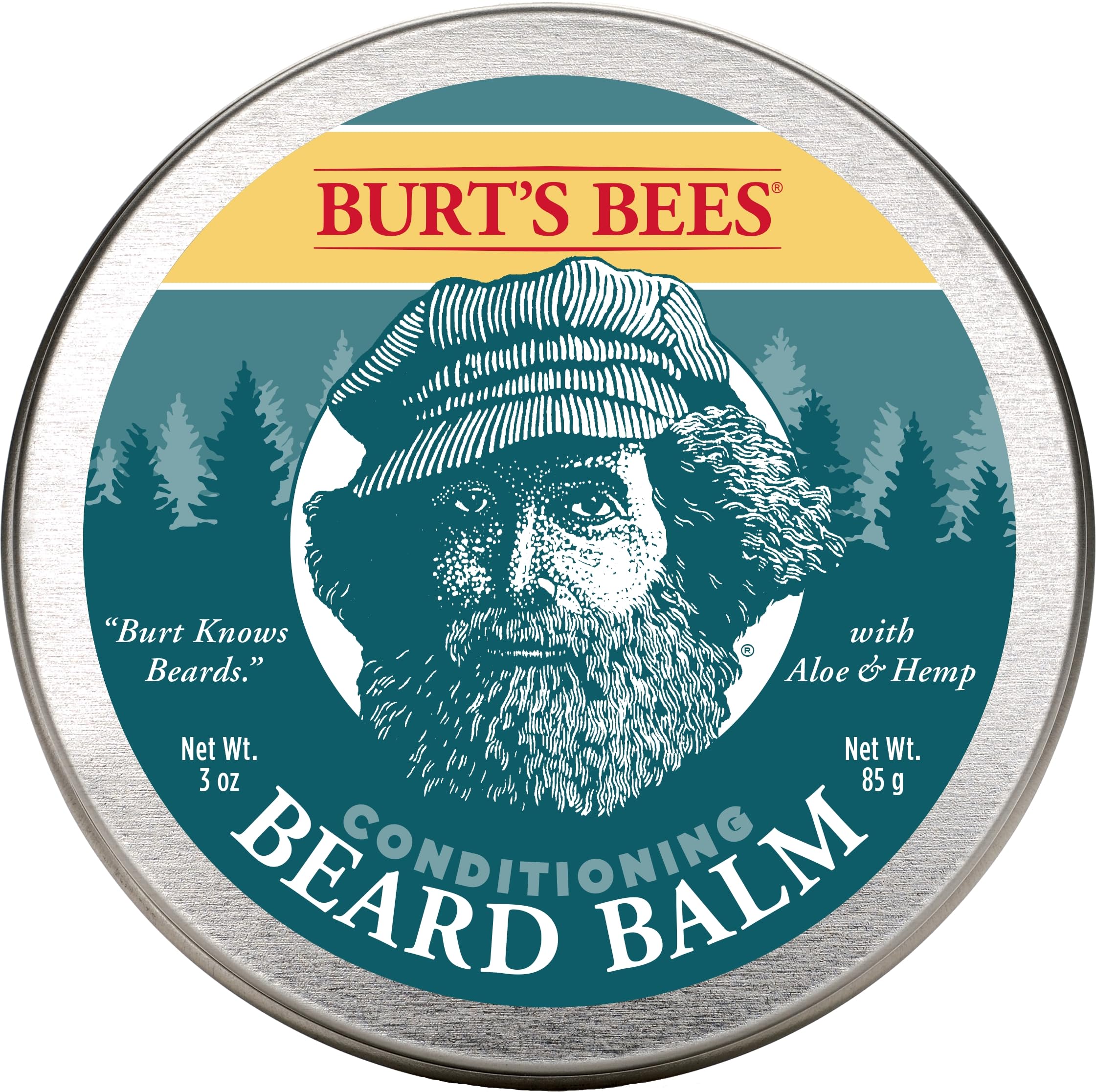 Burt's Bees Conditioning Beard Balm tin shows aloe and hemp for nourished beard and skin.