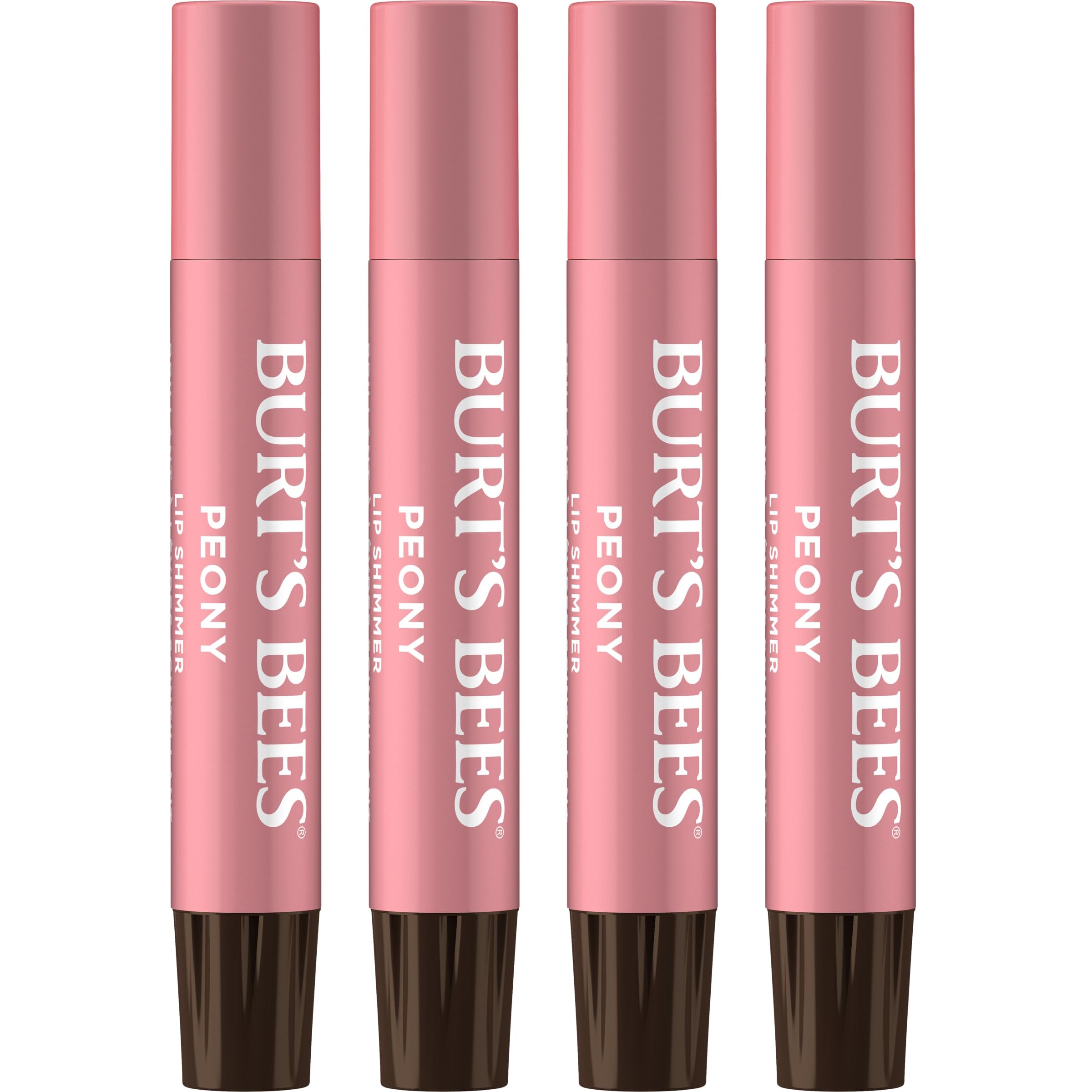 Burt's Bees Lip Shimmer Peony: vista frontal del set con brillo rosado suave para labios.