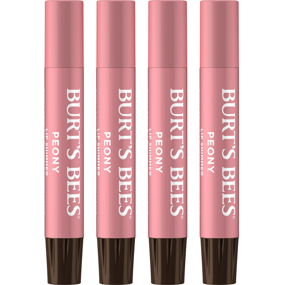 Burt's Bees Lip Shimmer Peony: vista frontal del set con brillo rosado suave para labios.