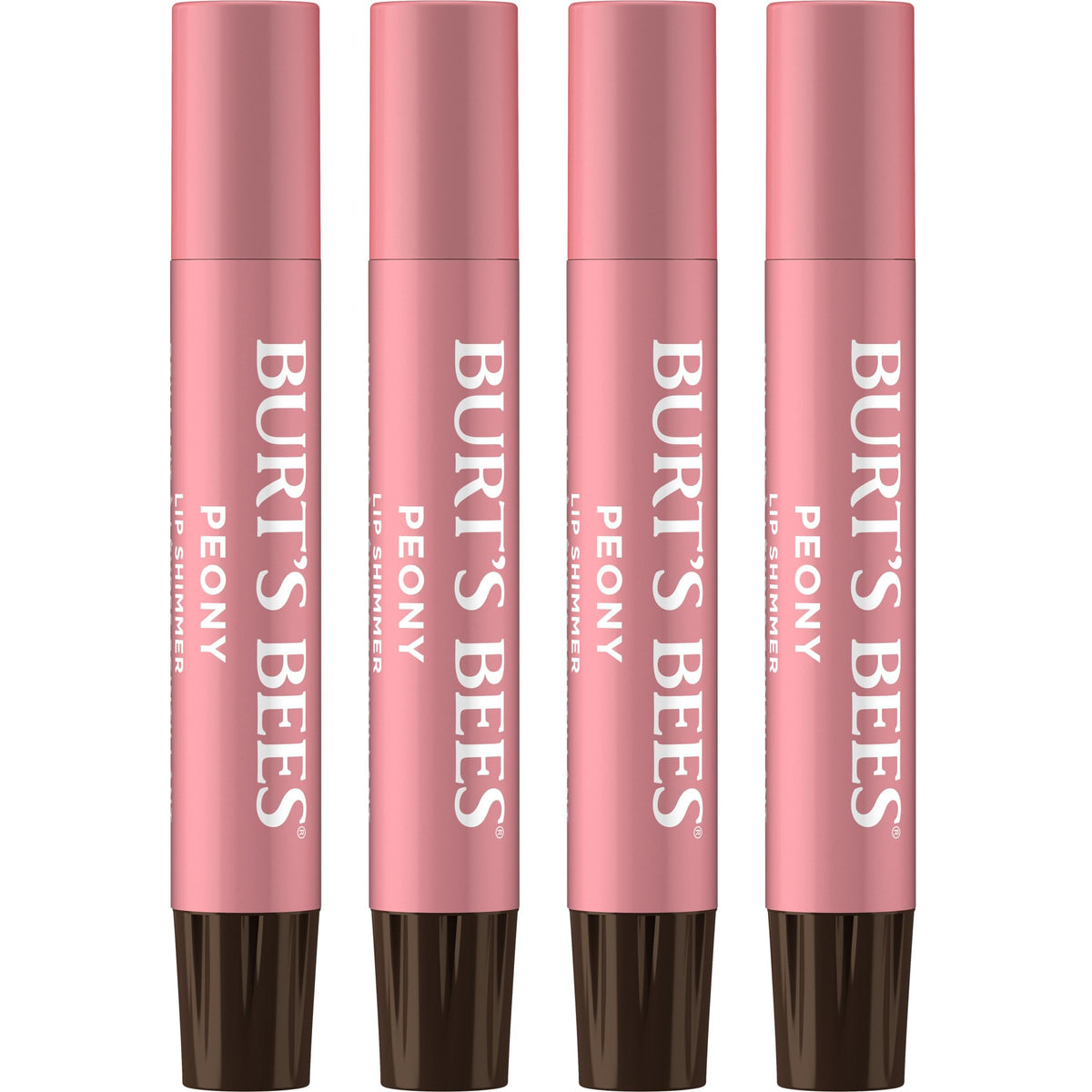 Burt's Bees Lip Shimmer Peony: vista frontal del set con brillo rosado suave para labios.
