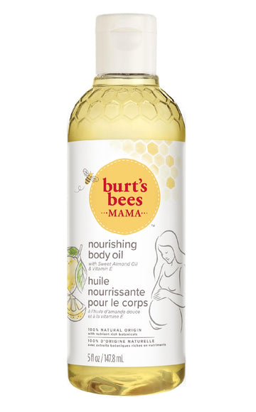 Burt's Bees Mama Body Oil, botella de aceite corporal, hidrata la piel durante el embarazo.