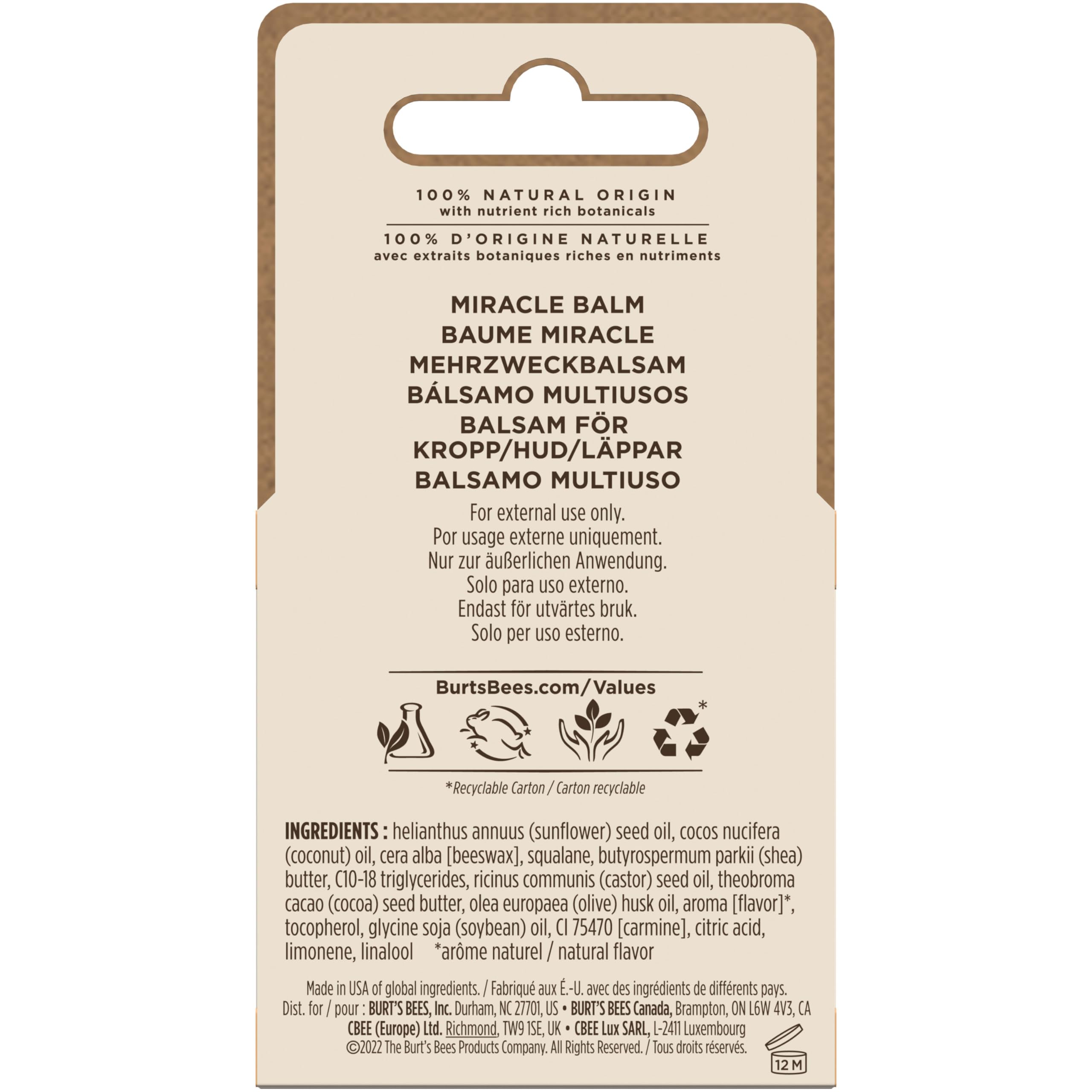 Burt's Bees Miracle Balm, envase de lata reciclable para cuidado responsable.