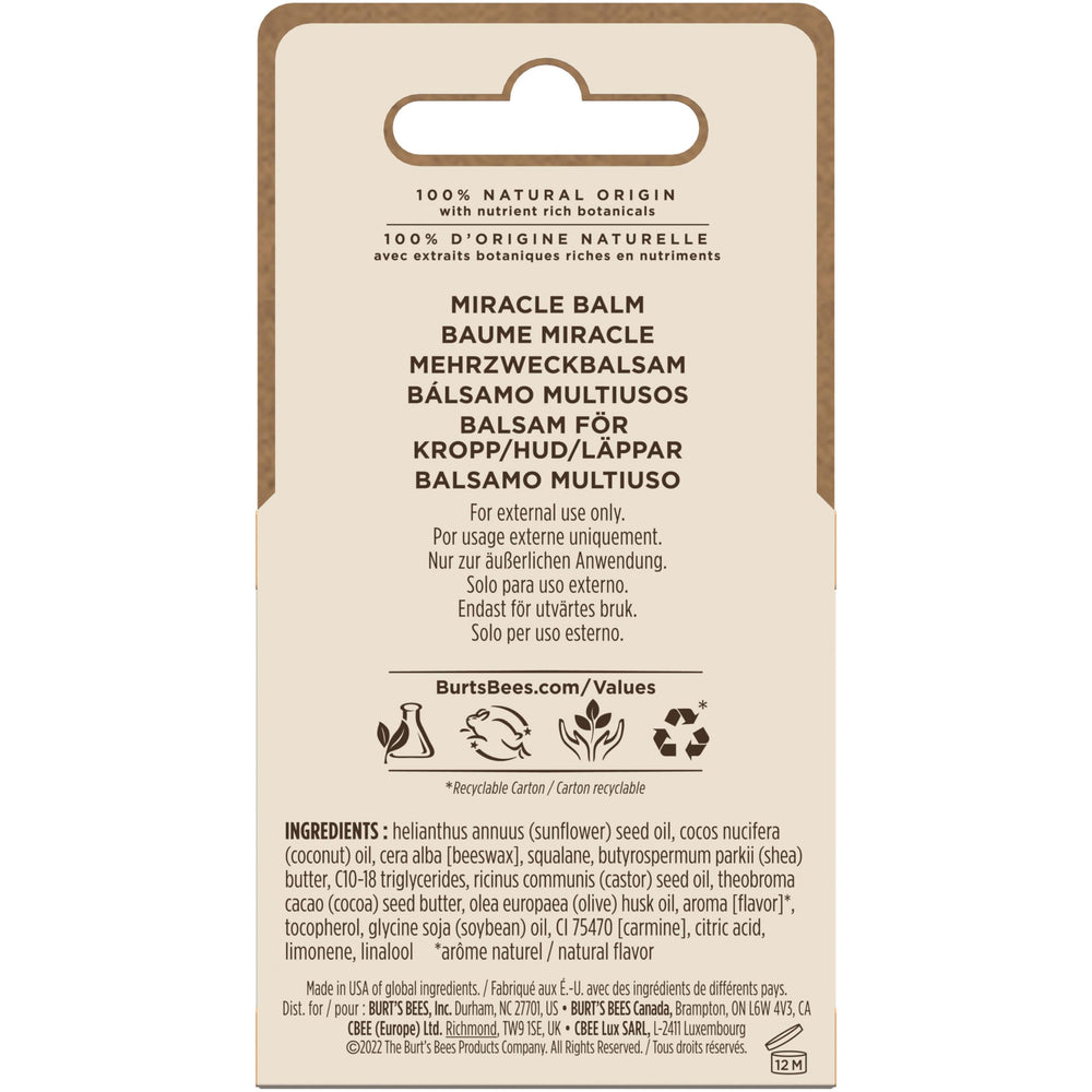 Burt's Bees Miracle Balm, envase de lata reciclable para cuidado responsable.