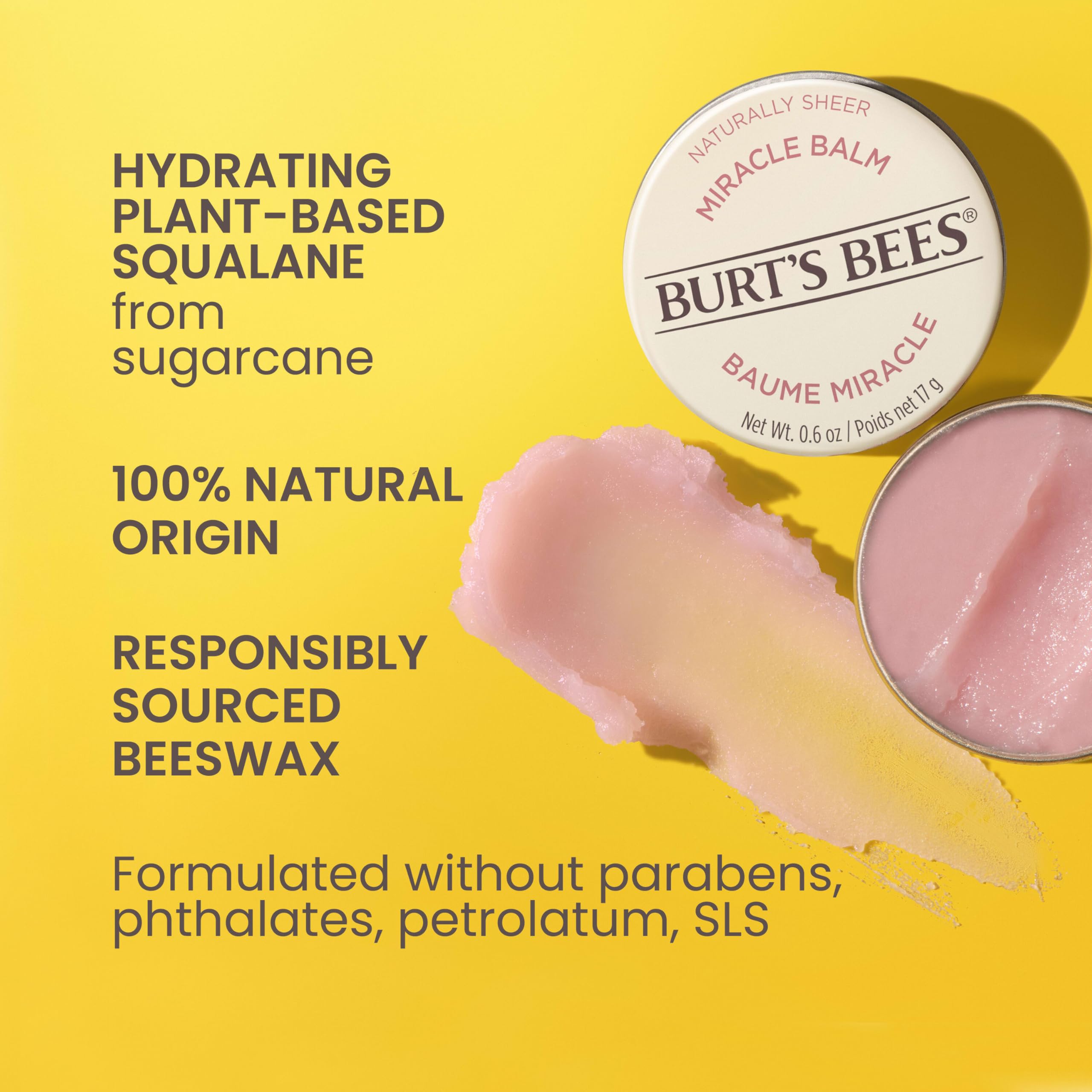Burt's Bees Miracle Balm, hidratación instantánea para labios con acabado suave.