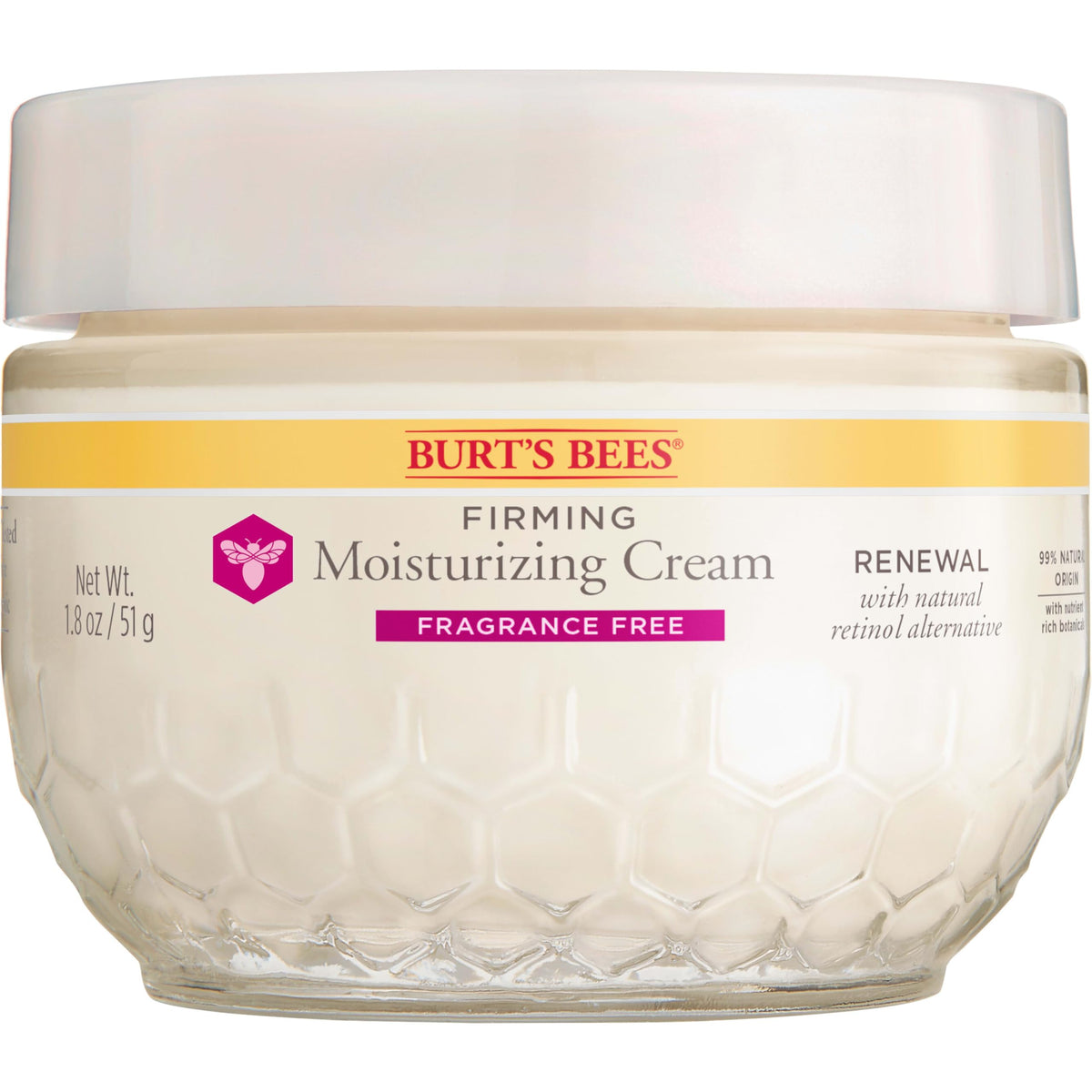 Burts Bees Renewal fragrance-free face cream tub displaying hydrating texture