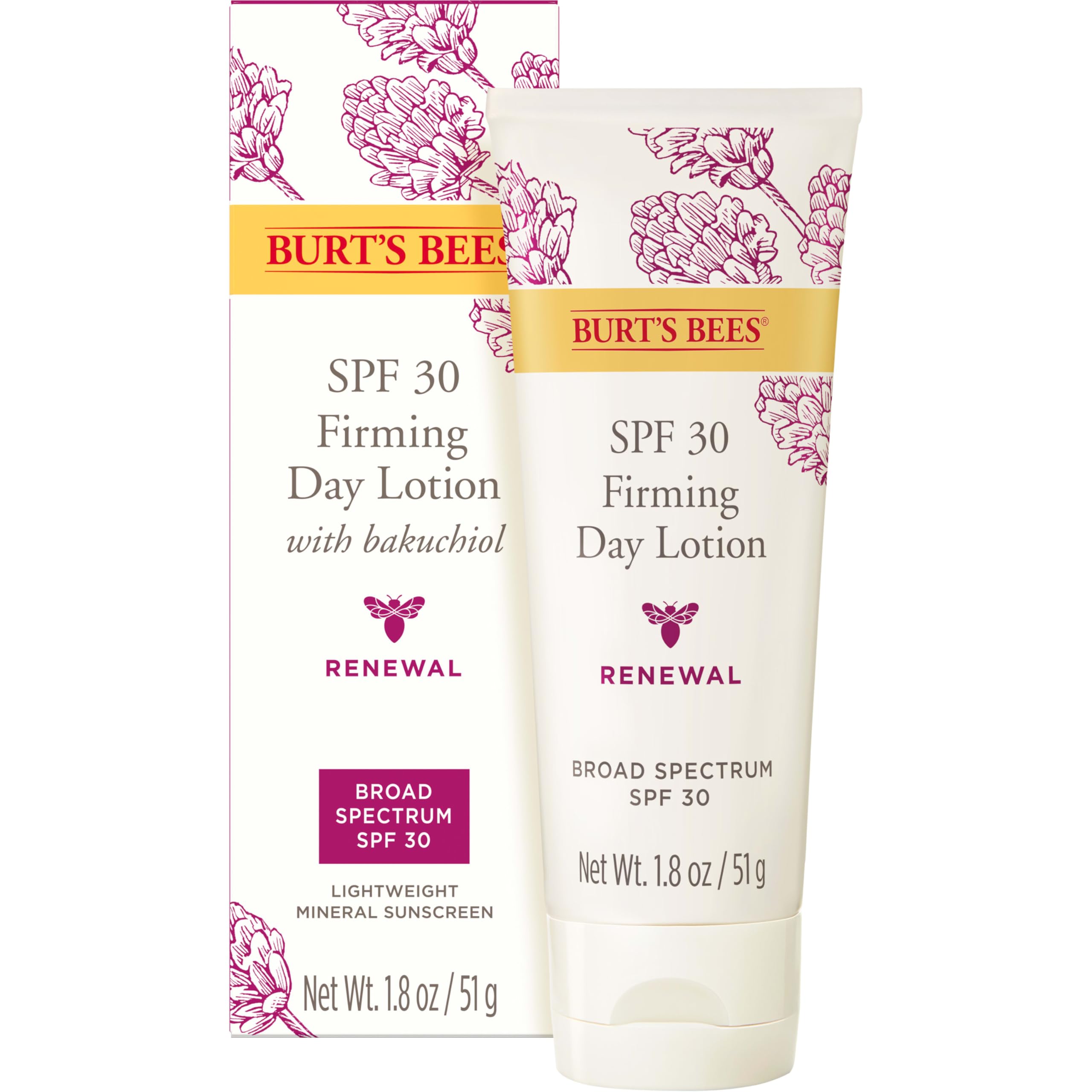 Tube Burt's Bees Renewal SPF30 prêt à hydrater et protéger la peau.