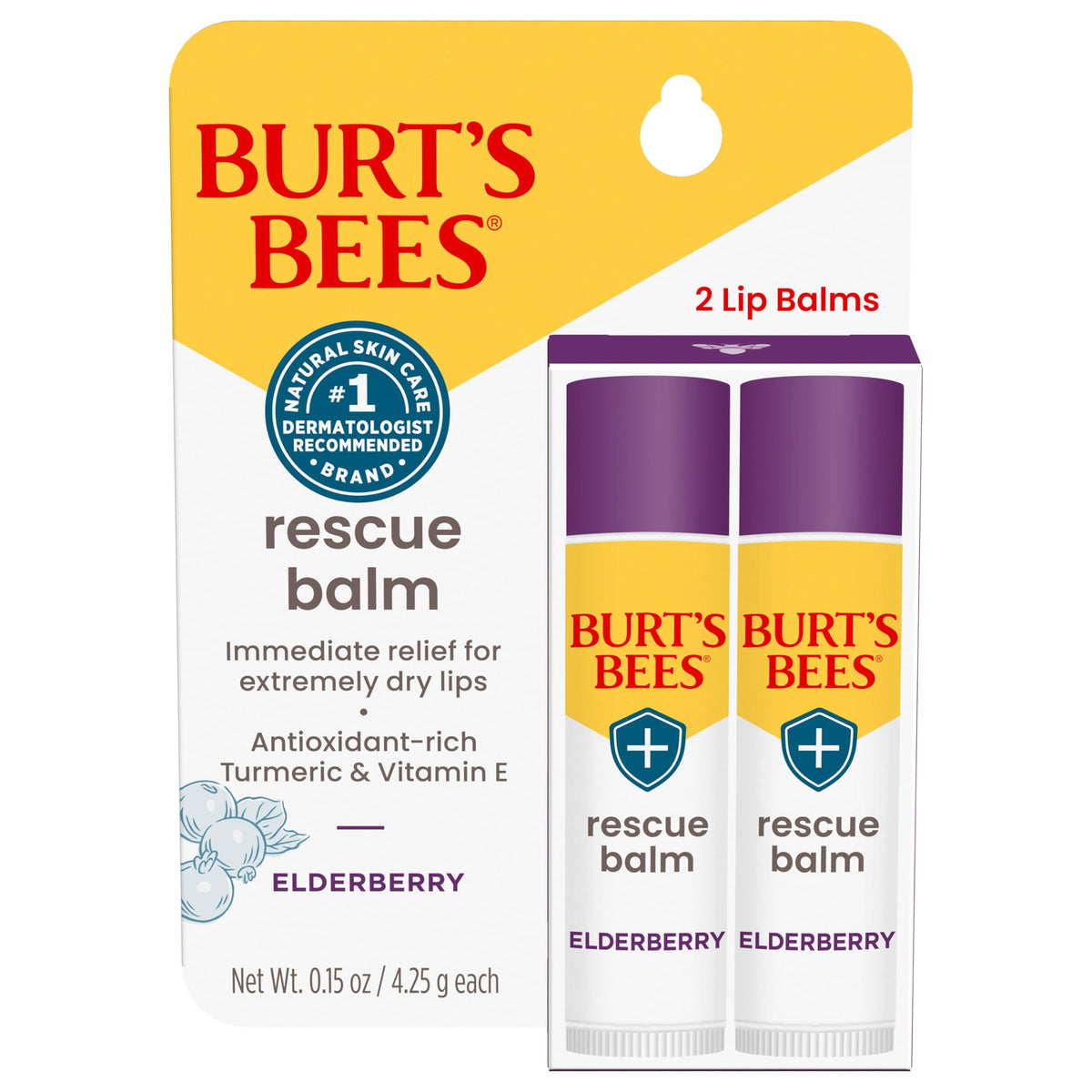 Burt's Bees Rescue Balm Elderberry, dos tubos de bálsamo labial sin color para hidratación rápida