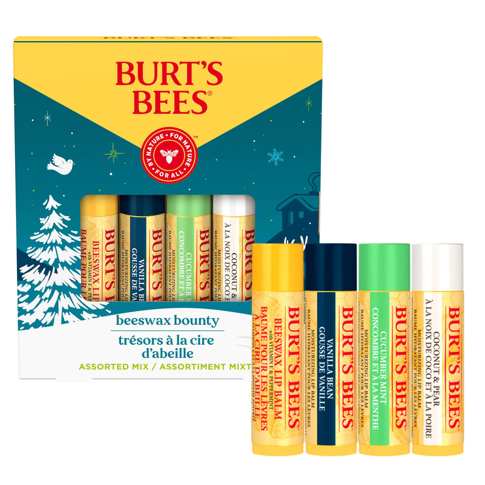 Set regalo Burt's Bees con cuatro bálsamos de cera de abejas para hidratación diaria.